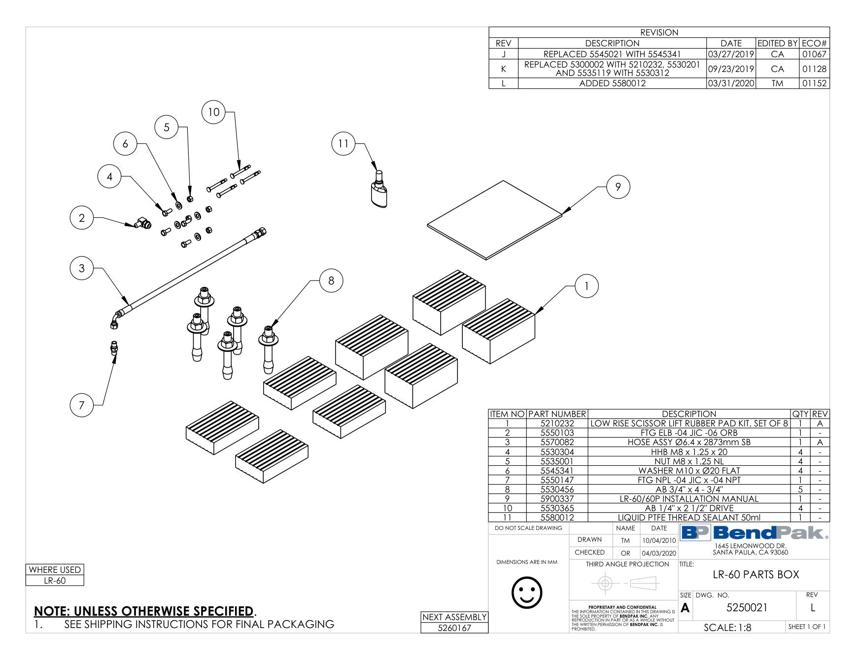BendPak LR-60 parts diagram — Hydraulic Hose Assembly Ø6.4 X 2873MM Sb is item 3 (LR-60 PARTS BOX)
