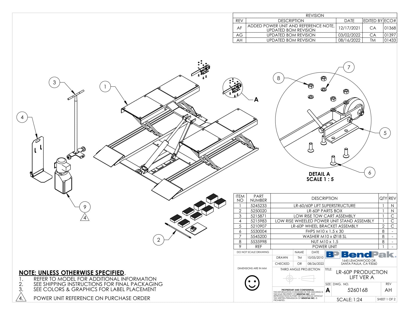 BendPak LR-60P parts diagram — Low Rise Wheeled Power Unit Stand Assembly is item 4 (LR-60P PRODUCTION LIFT VER A)