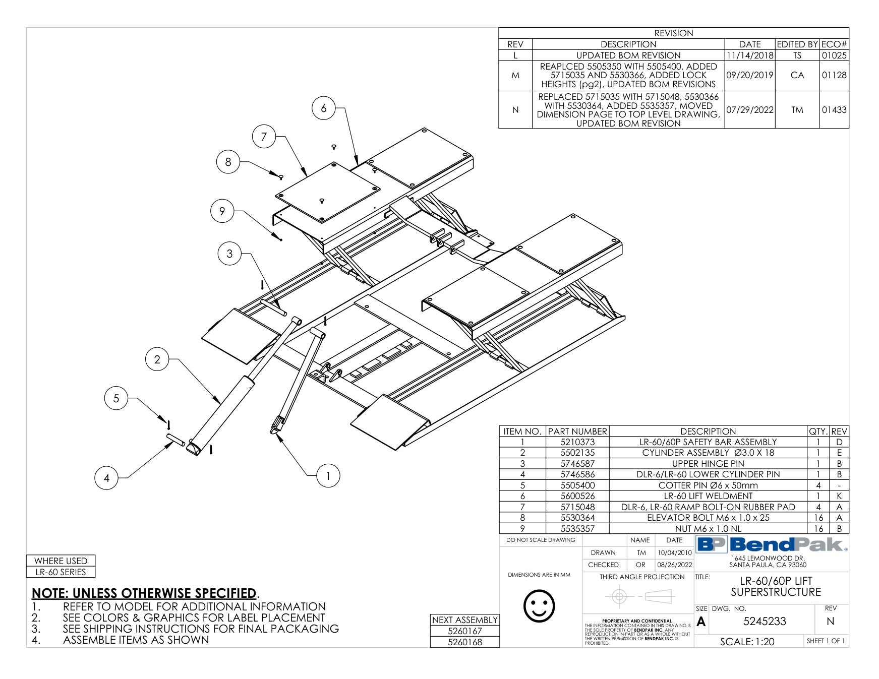 BendPak LR-60P parts diagram — Upper Hinge Pin is item 3 (LR-60/60P LIFT SUPERSTRUCTURE)