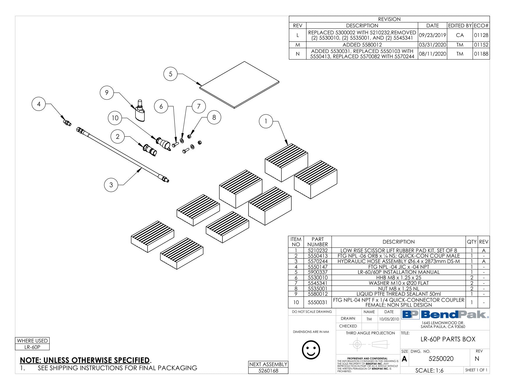 BendPak LR-60P parts diagram — Ftg NPL-04 NPT Fx 1/4 Quick-connector Coupler, Female; None Spill Design is item 10 (LR-60P PARTS BOX)
