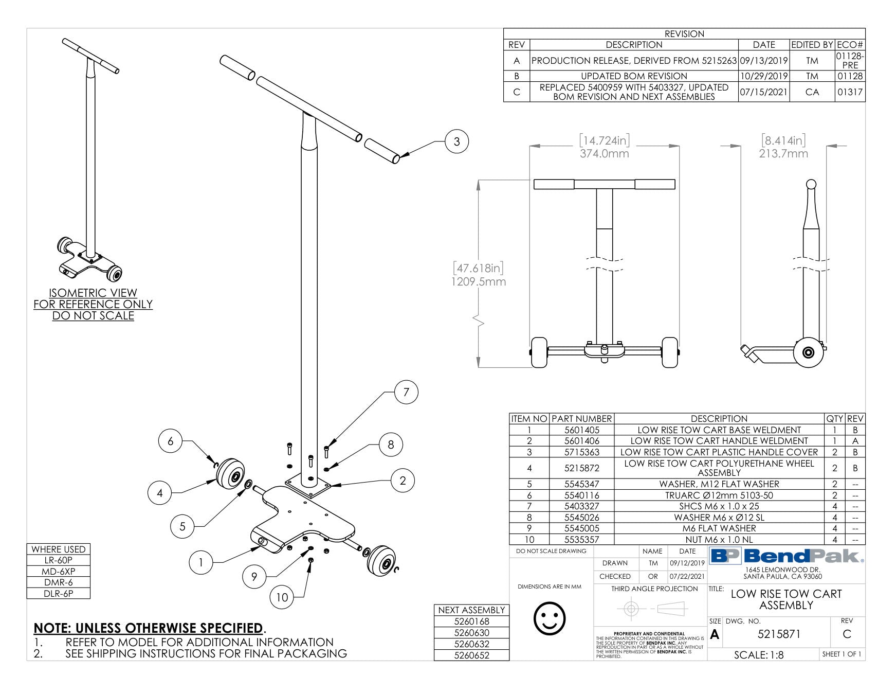 BendPak LR-60P parts diagram — Plastic Handle Cover, Tow Car; Low Rise is item 3 (LOW RISE TOW CART ASSEMBLY)