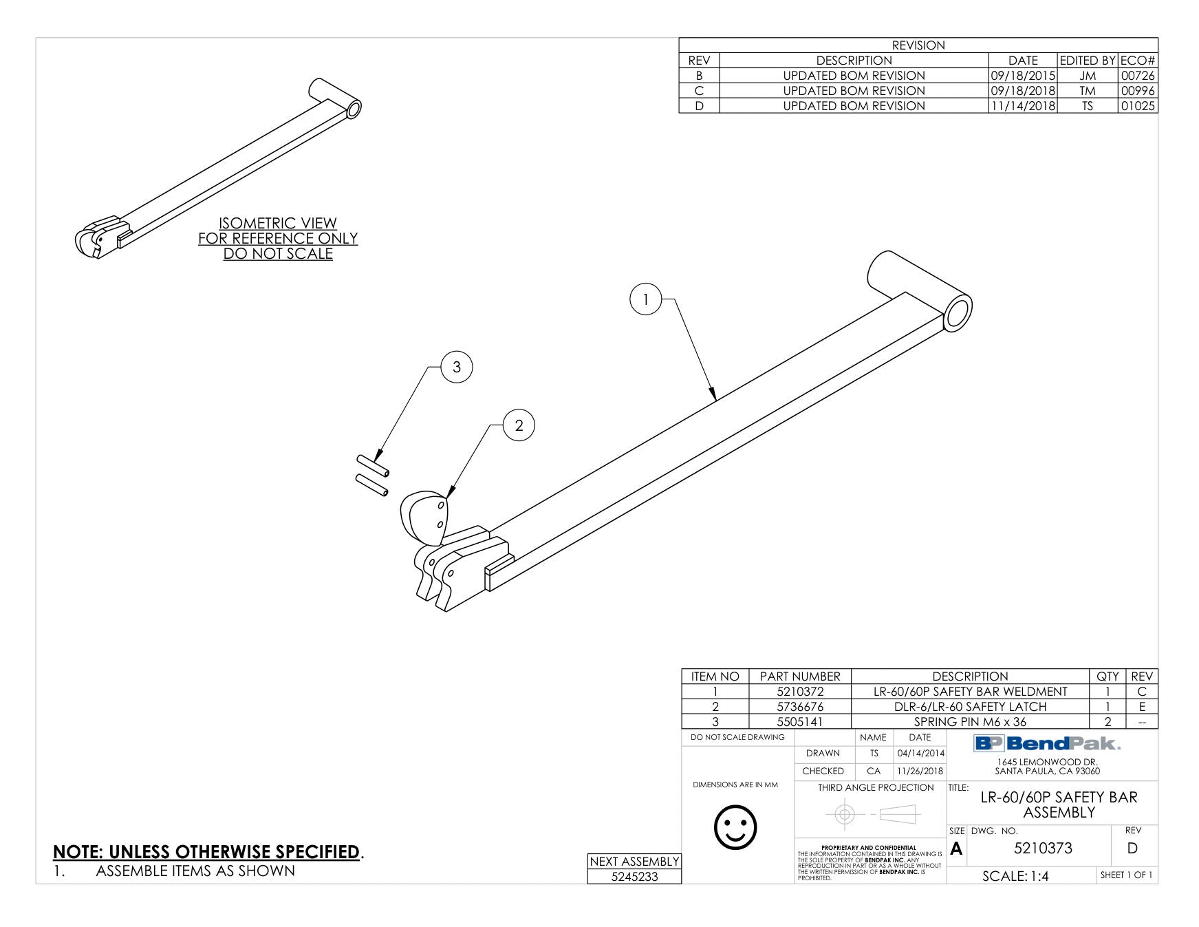 BendPak LR-60P parts diagram — DLR-6/LR-60 Safety Latch is item 2 (LR-60/60P SAFETY BAR ASSEMBLY)