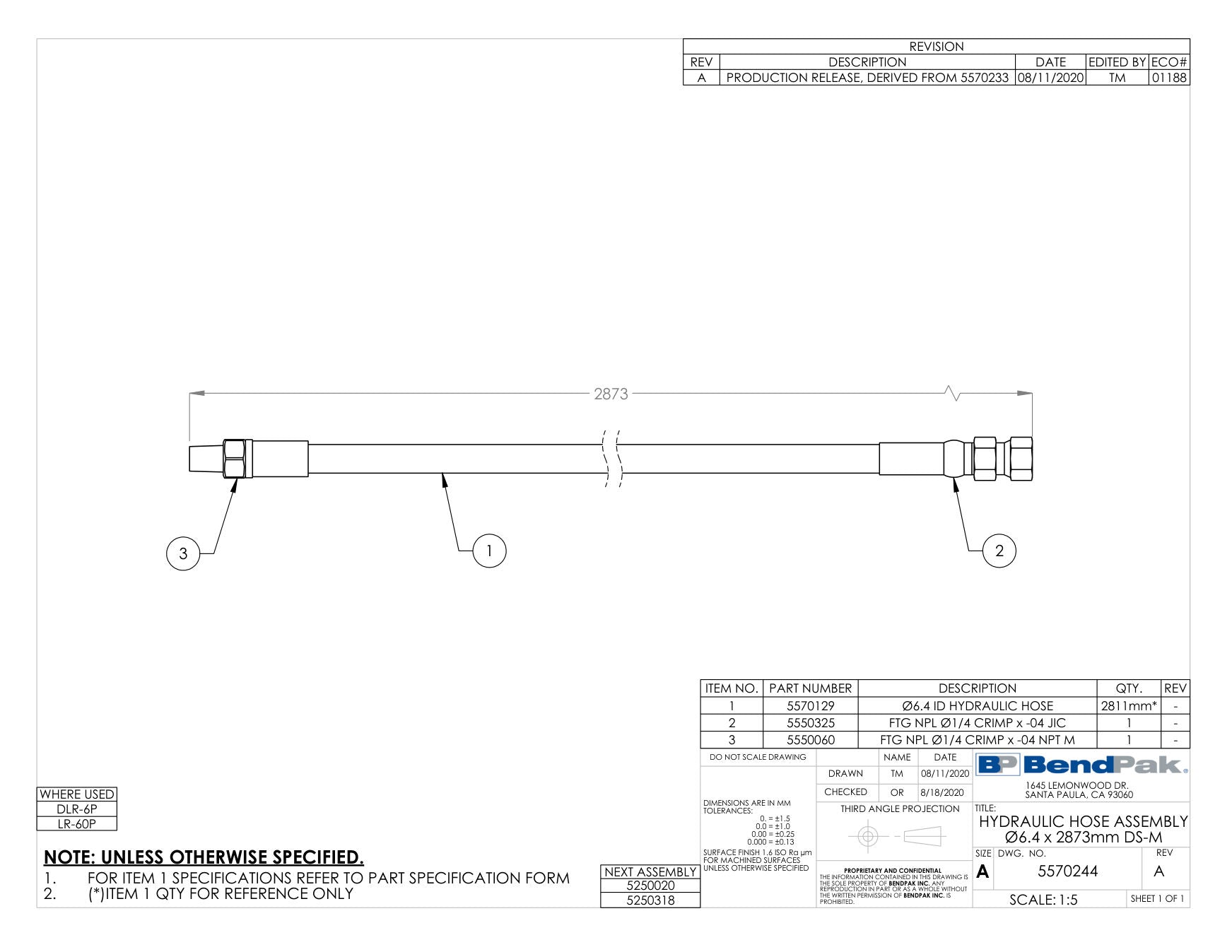 BendPak LR-60P parts diagram — Ftg Npl Ø1/4 Crimp X -04 NPT M is item 3 (HYDRAULIC HOSE ASSEMBLY Ø6.4 x 2873mm DS-M)