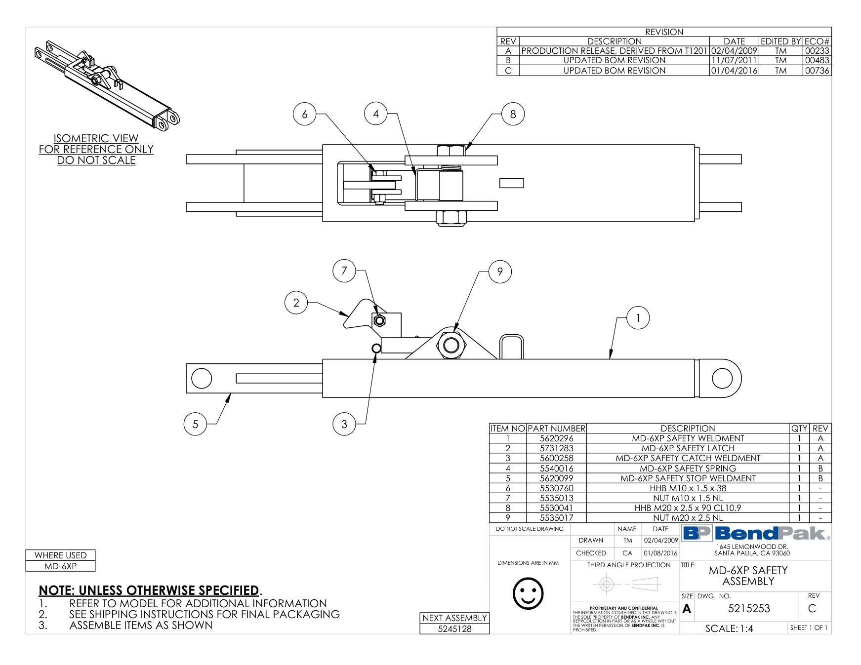 BendPak MD-6XP parts diagram — DMR-6/MD-6XP Safety Spring is item 4 (MD-6XP SAFETY ASSEMBLY)