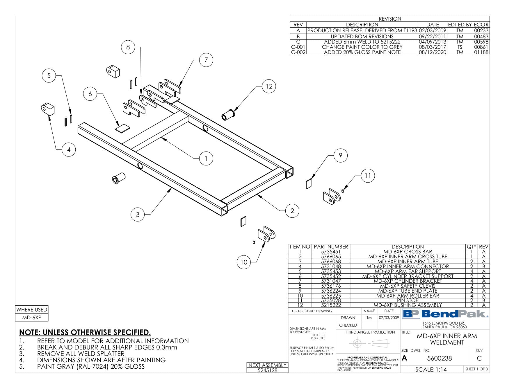 BendPak MD-6XP parts diagram — DMR-6/MD-6XP Bushing Assy. is item 12 (MD-6XP INNER ARM WELDMENT)