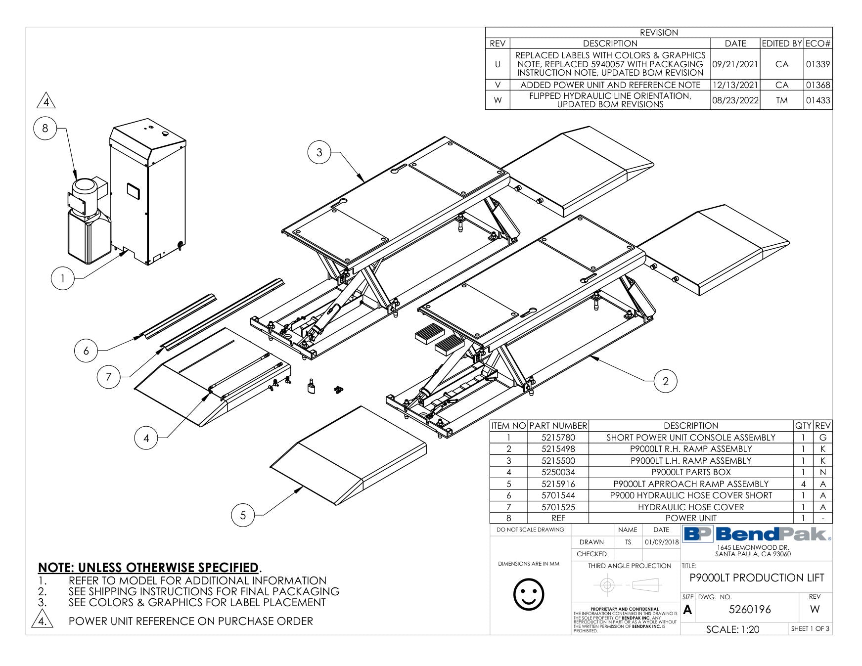 BendPak P-9000LT parts diagram — P-9000 Hydraulic Hose Cover- Console is item 7 (P9000LT PRODUCTION LIFT)