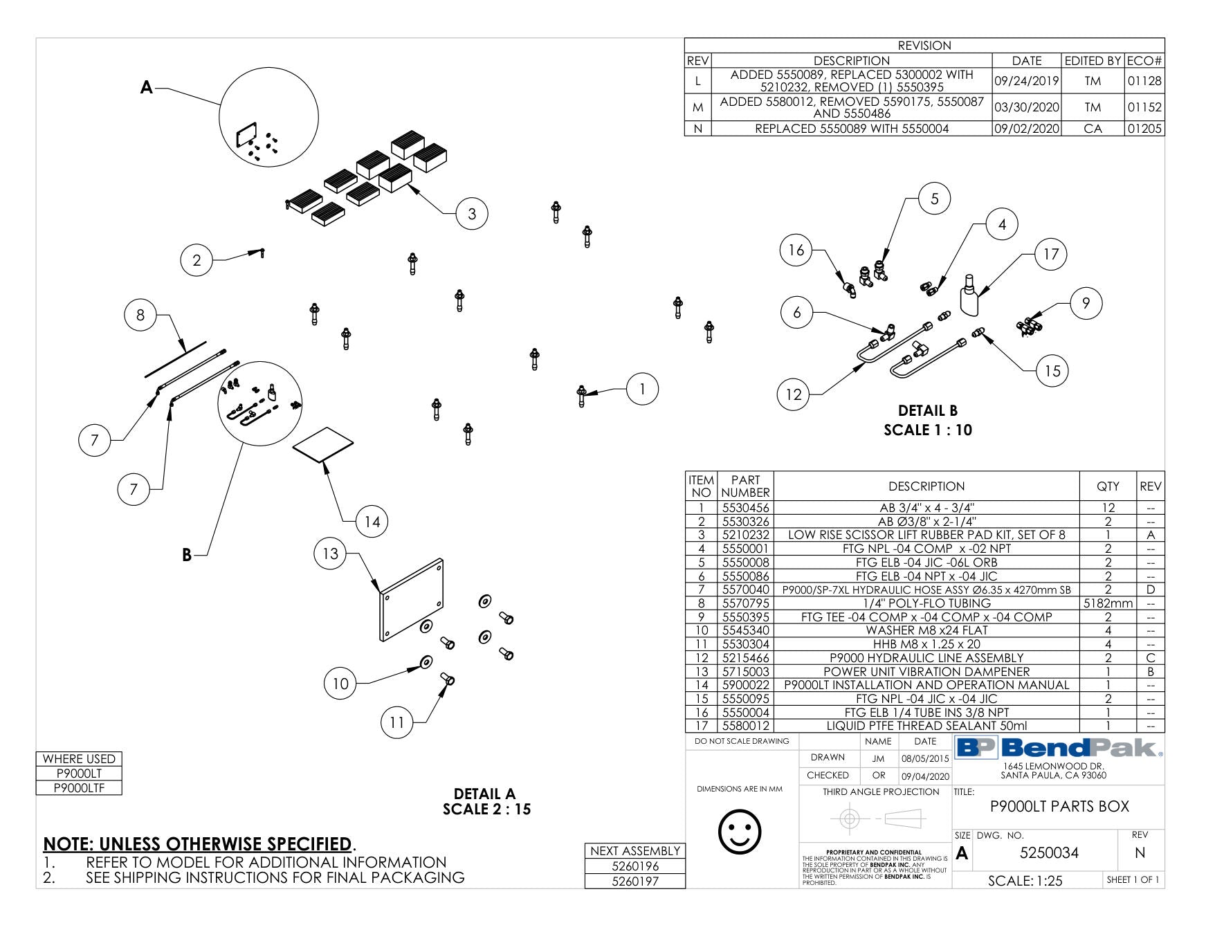 BendPak P-9000LT parts diagram — P9000 Hydraulic Line Assembly is item 12 (P9000LT PARTS BOX)