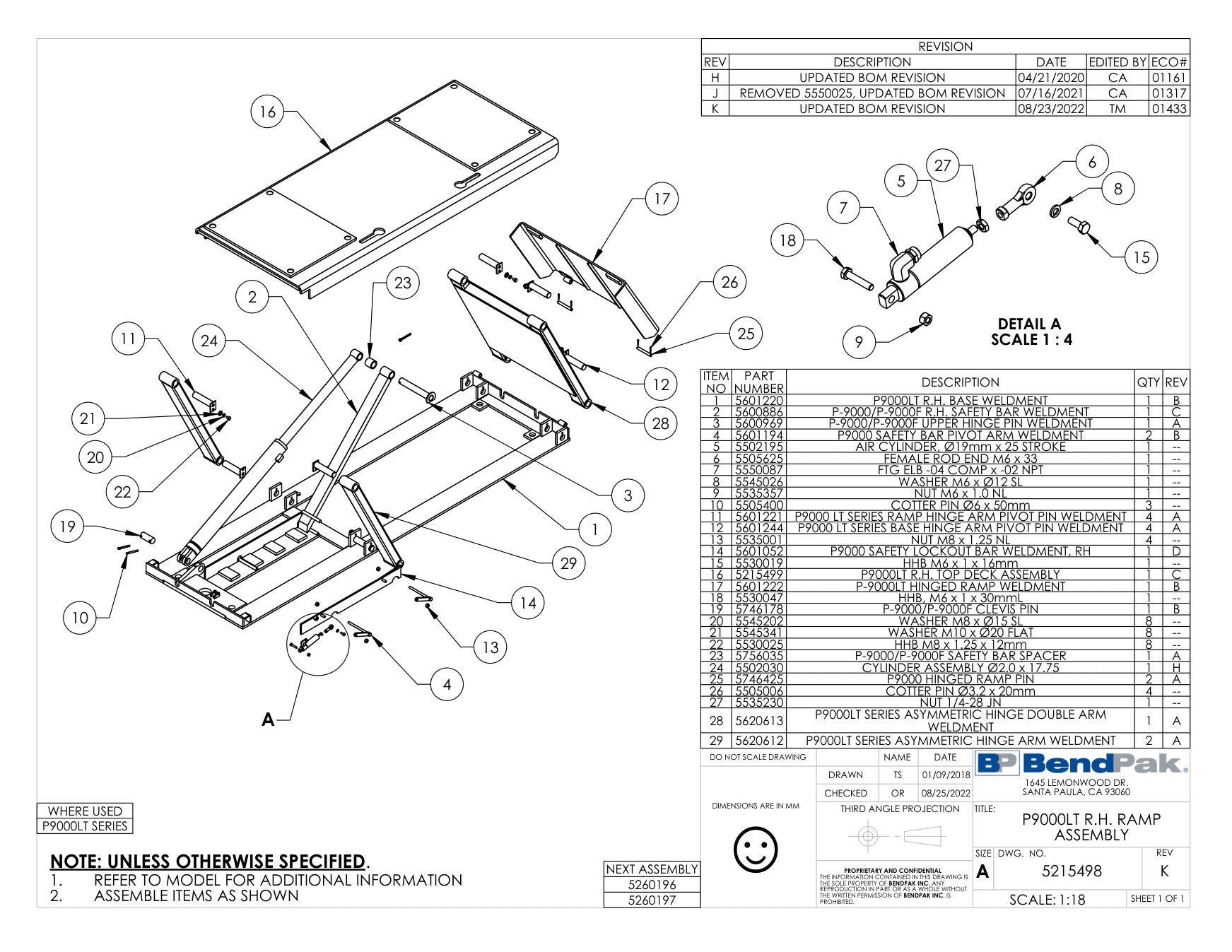 BendPak P-9000LT parts diagram — P9000LT/F Asymmetric Hinge Doubel Arm Weldment is item 28 (P9000LT R.H. RAMP ASSEMBLY)