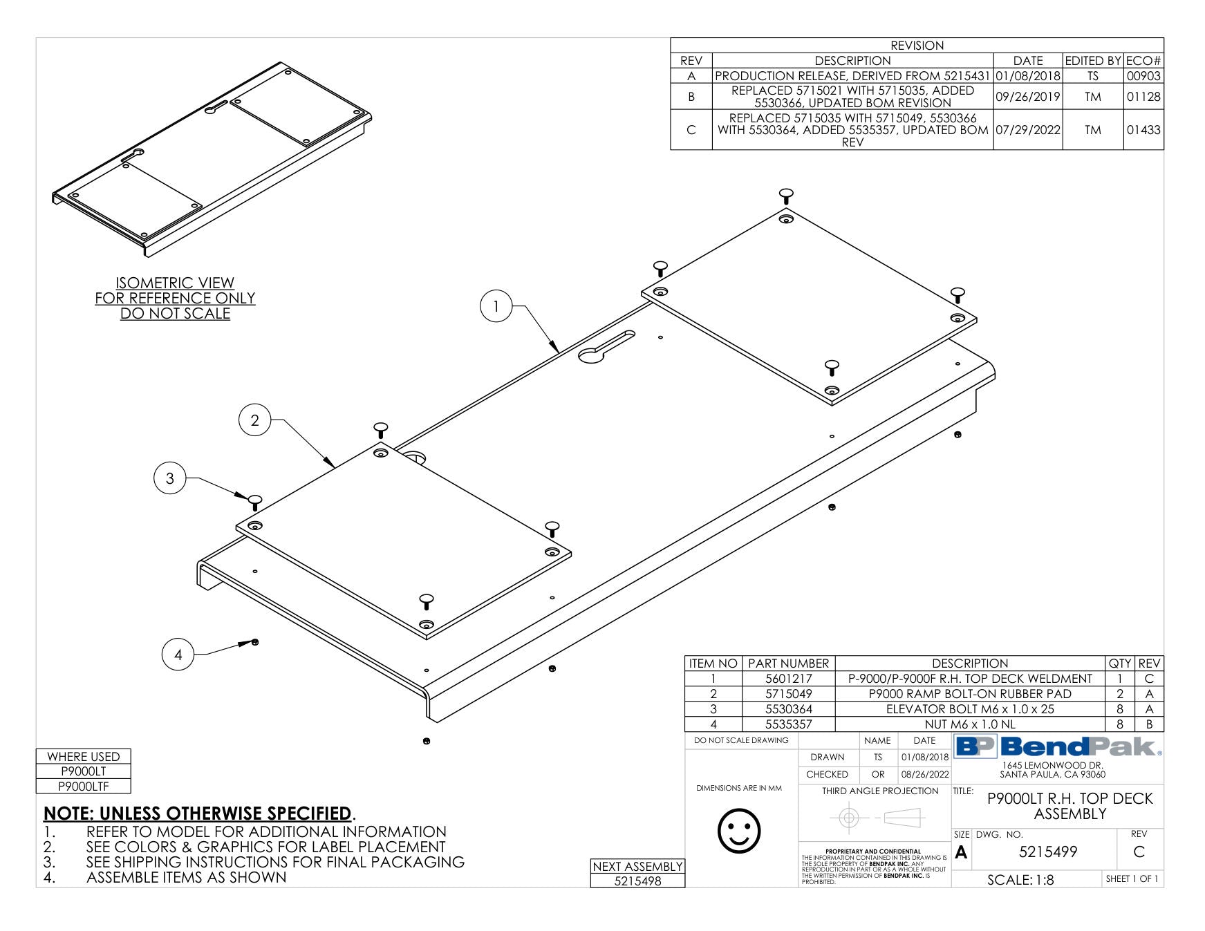 BendPak P-9000LT parts diagram — P9000 Lt Series R.h. Top Deck Weldment is item 1 (P9000LT R.H. TOP DECK ASSEMBLY)