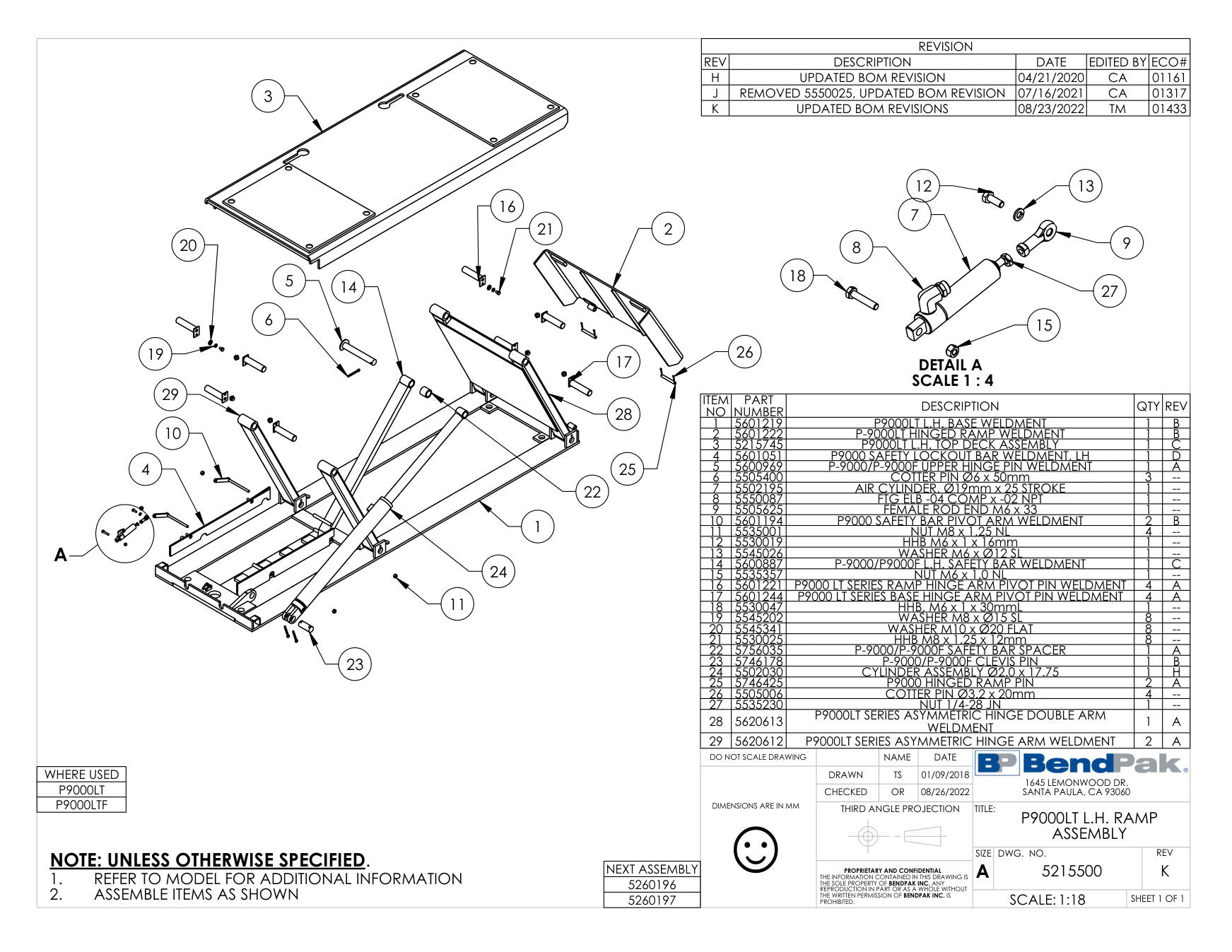 BendPak P-9000LT parts diagram — L.h. Safety Bar Weldment P-9000/P9000F is item 14 (P9000LT L.H. RAMP ASSEMBLY)