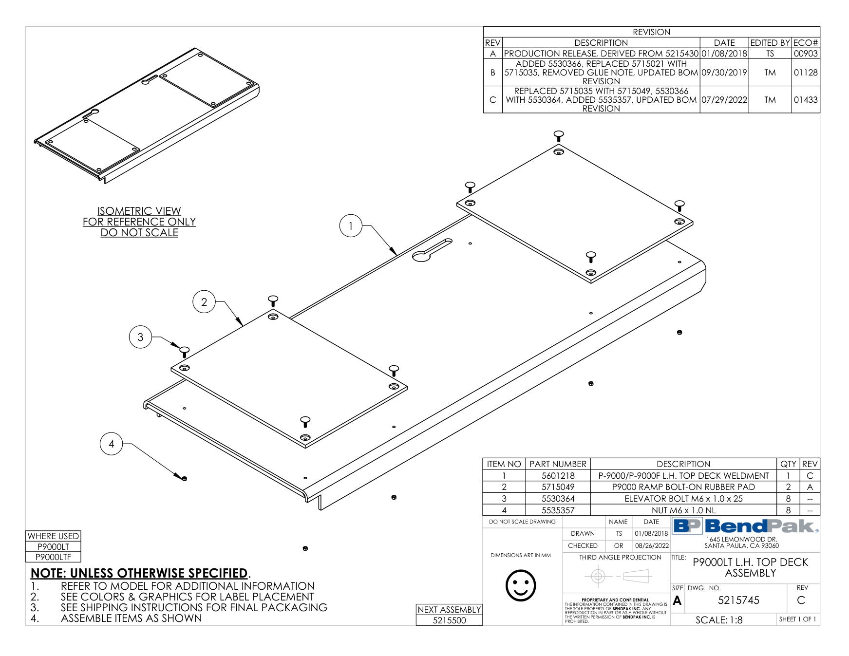 BendPak P-9000LT parts diagram — P9000 Lt Series  L.h Top Deck Weldment is item 1 (P9000LT L.H. TOP DECK ASSEMBLY)