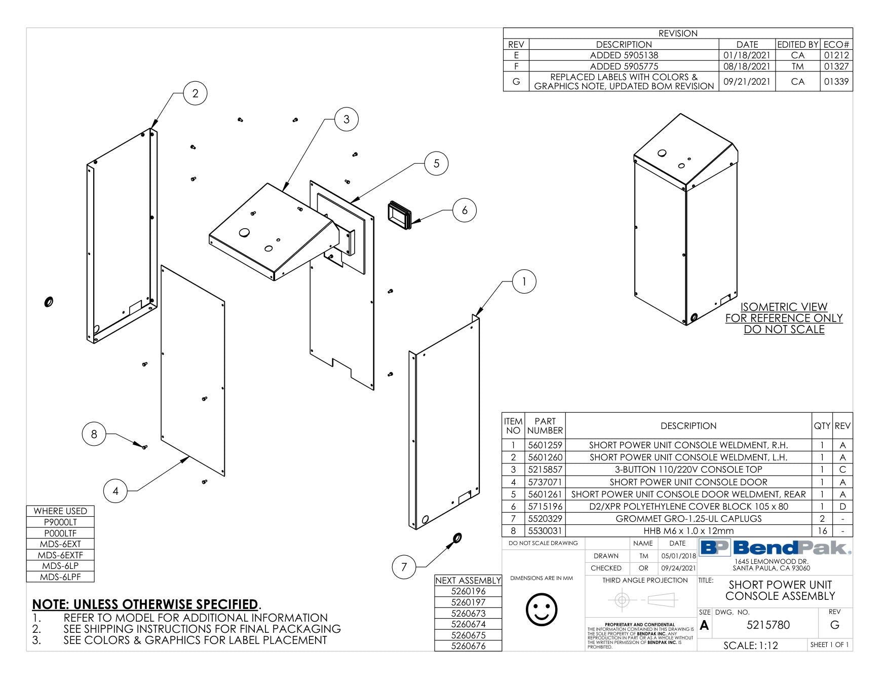 BendPak P-9000LT parts diagram — Console Top, 3-BUTTON 110/220V is item 3 (SHORT POWER UNIT CONSOLE ASSEMBLY)
