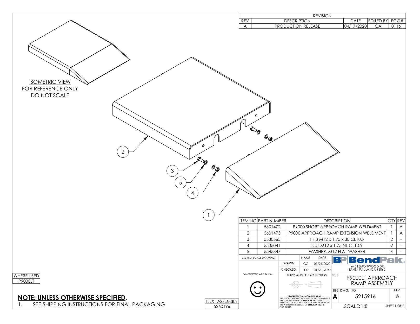 BendPak P-9000LT parts diagram — Approach Ramp Extension Weldment; P9000 is item 2 (P9000LT APRROACH RAMP ASSEMBLY)