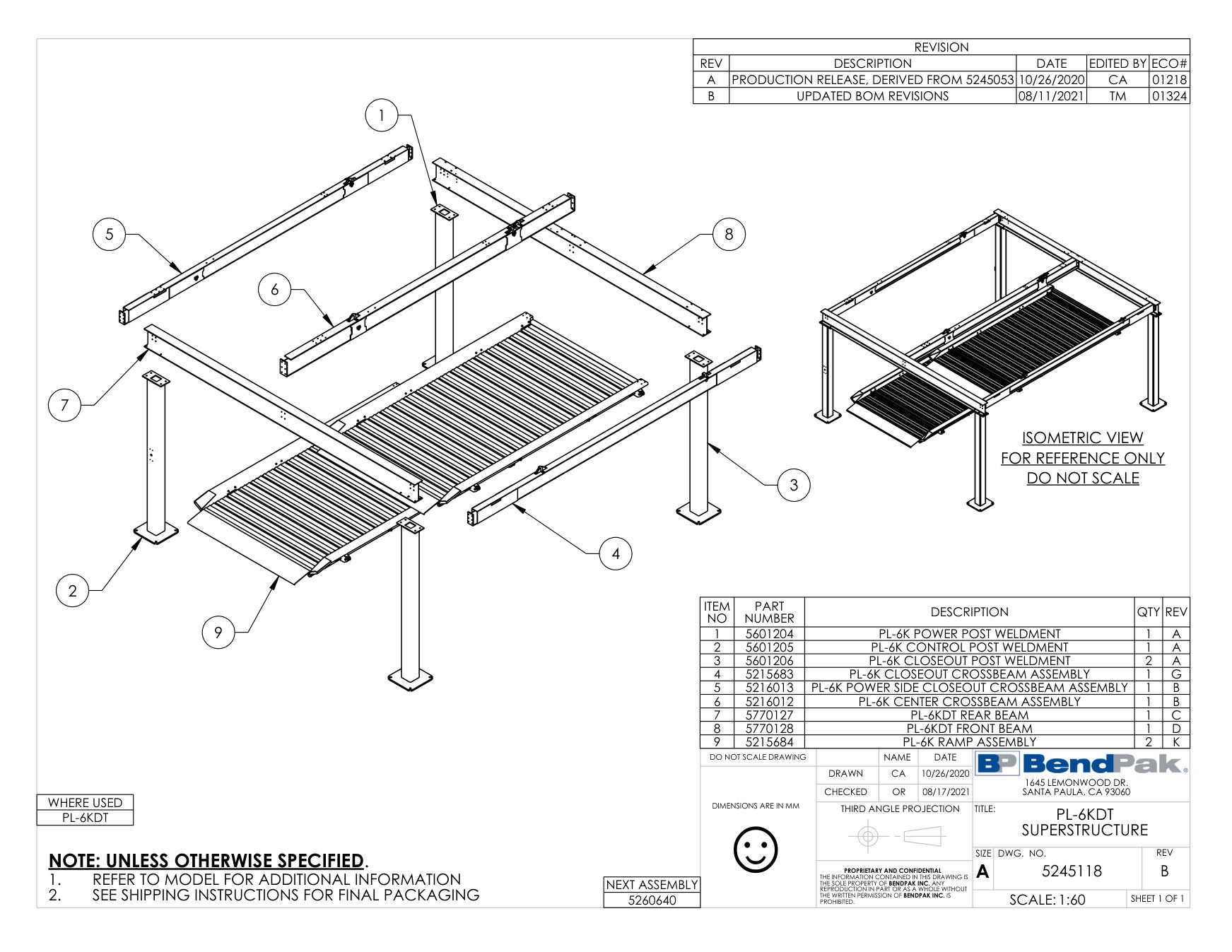 BendPak PL-6KDT parts diagram — PL-6KDT Front Beam is item 8 (PL-6KDT SUPERSTRUCTURE)