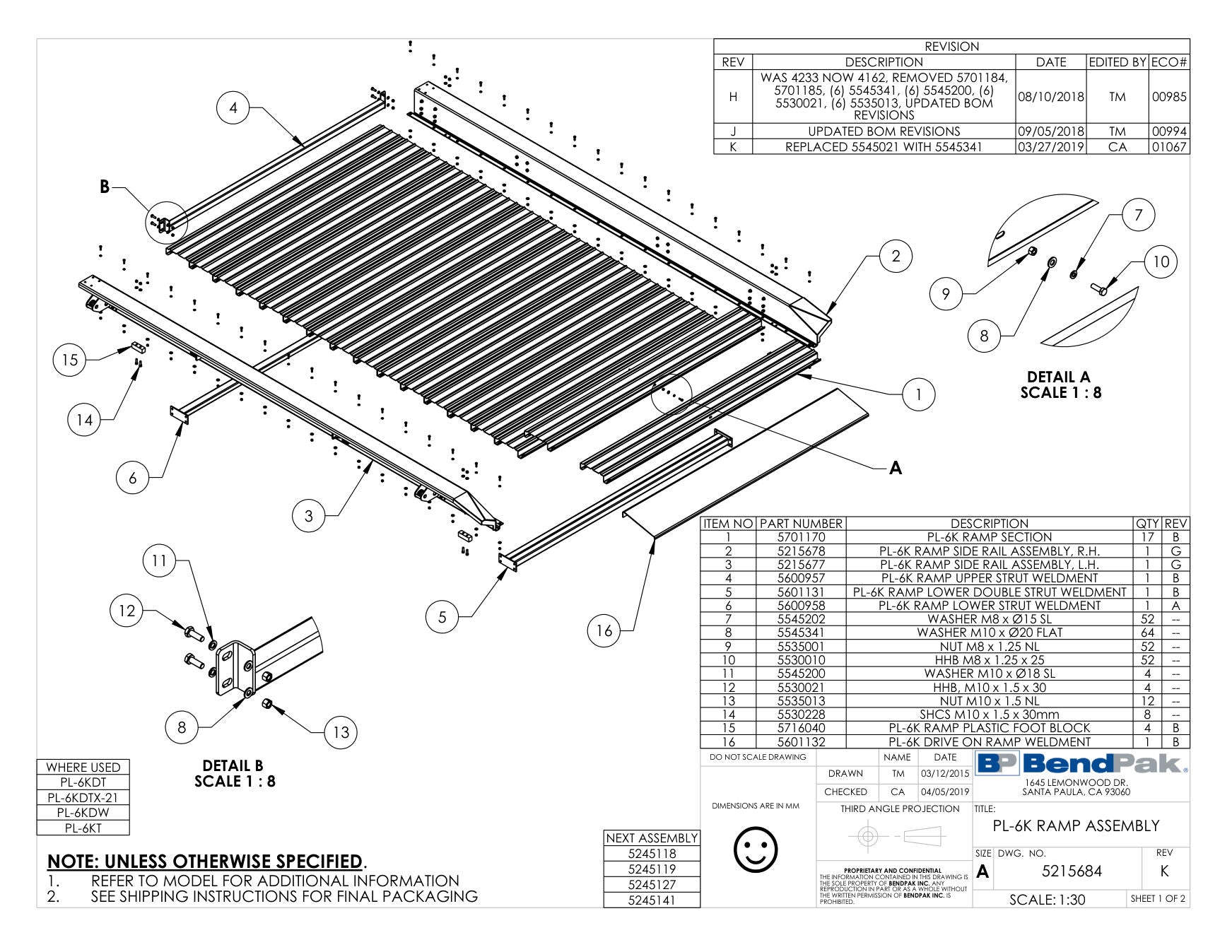 BendPak PL-6KT parts diagram — PL-6K Series Drive on Ramp Weldment is item 16 (PL-6K RAMP ASSEMBLY)