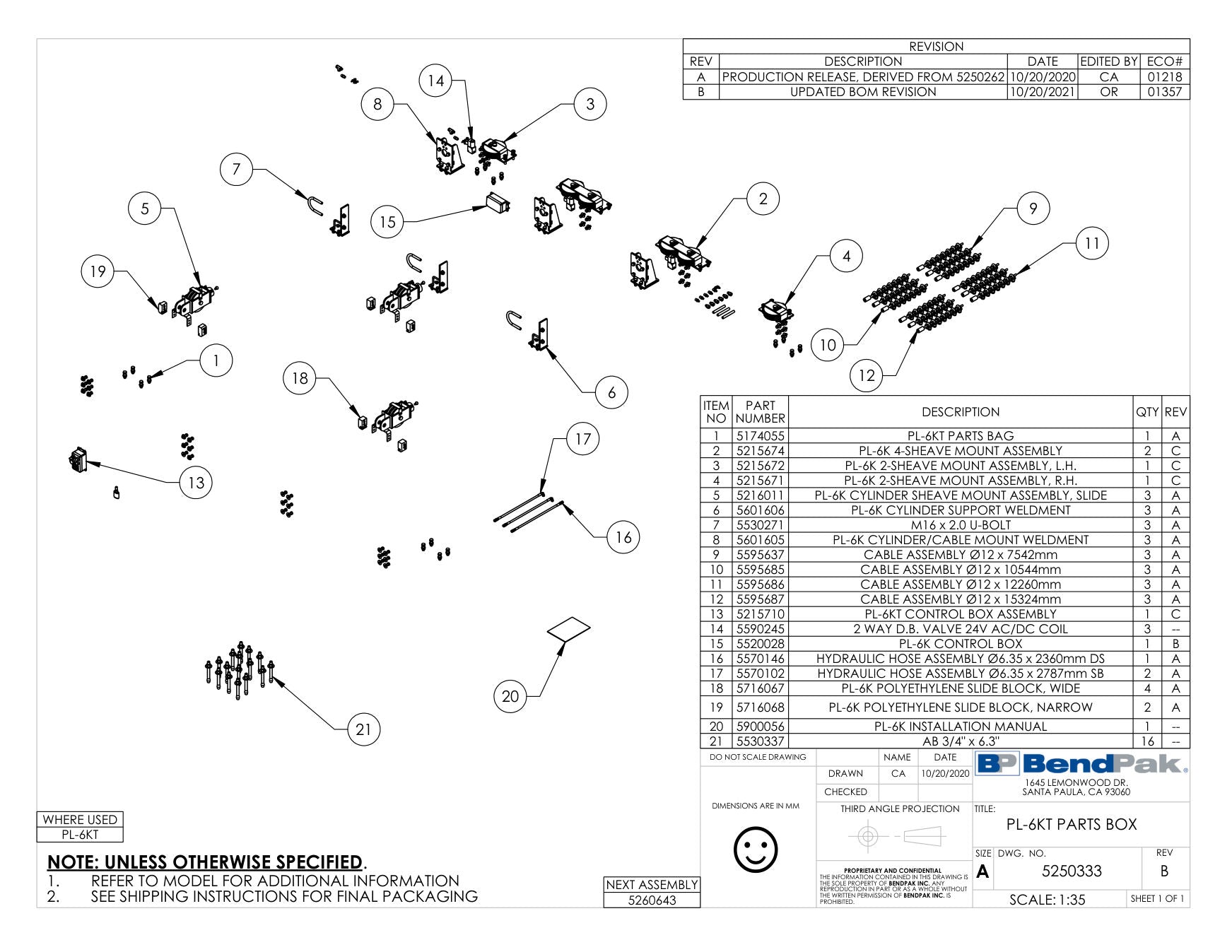 BendPak PL-6KT parts diagram — PL-6K Cylinder/cable Mount Weldment is item 8 (PL-6KT PARTS BOX)