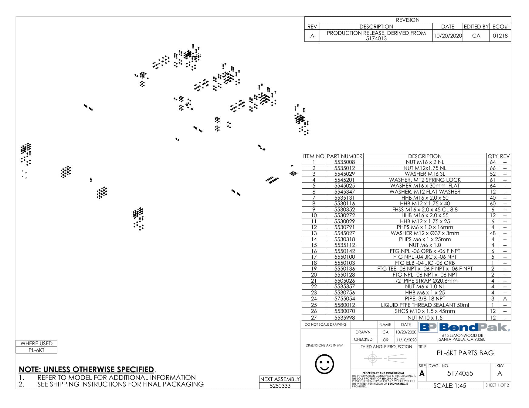 BendPak PL-6KT parts diagram — Washer, M16 X 27MM Sl is item 3 (PL-6KT PARTS BAG)