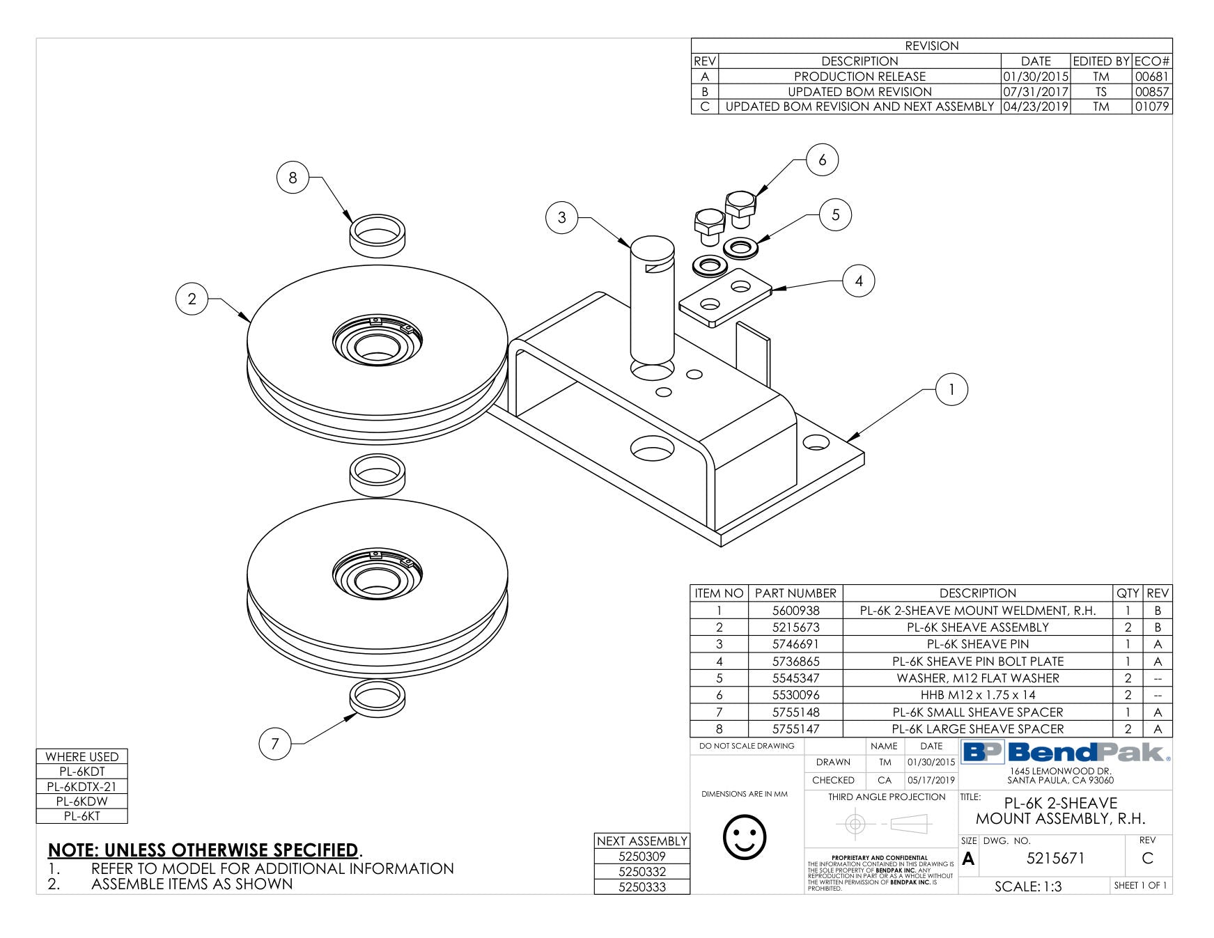 BendPak PL-6KT parts diagram — PL-6KT Sheave Pin is item 3 (PL-6K 2-SHEAVE MOUNT ASSEMBLY, R.H.)