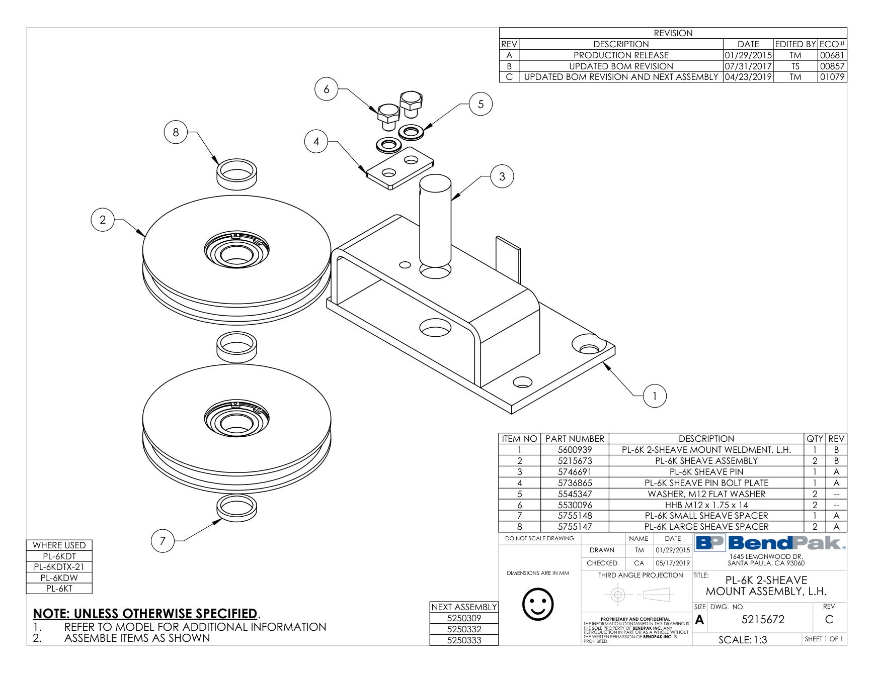 BendPak PL-6KT parts diagram — PL-6K Series 2-SHEAVE Mount Weldment, L.h. is item 1 (PL-6K 2-SHEAVE MOUNT ASSEMBLY, L.H.)