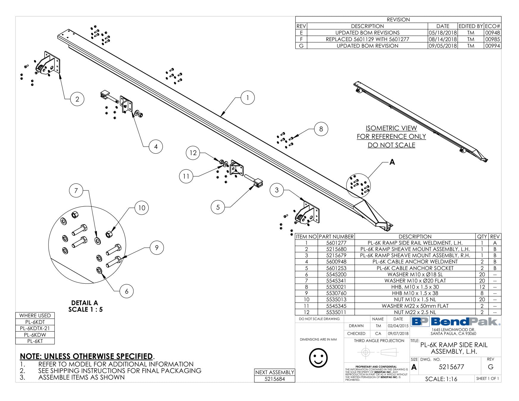 BendPak PL-6KT parts diagram — PL-6K Series Cable Anchor Weldment is item 4 (PL-6K RAMP SIDE RAIL ASSEMBLY, L.H.)