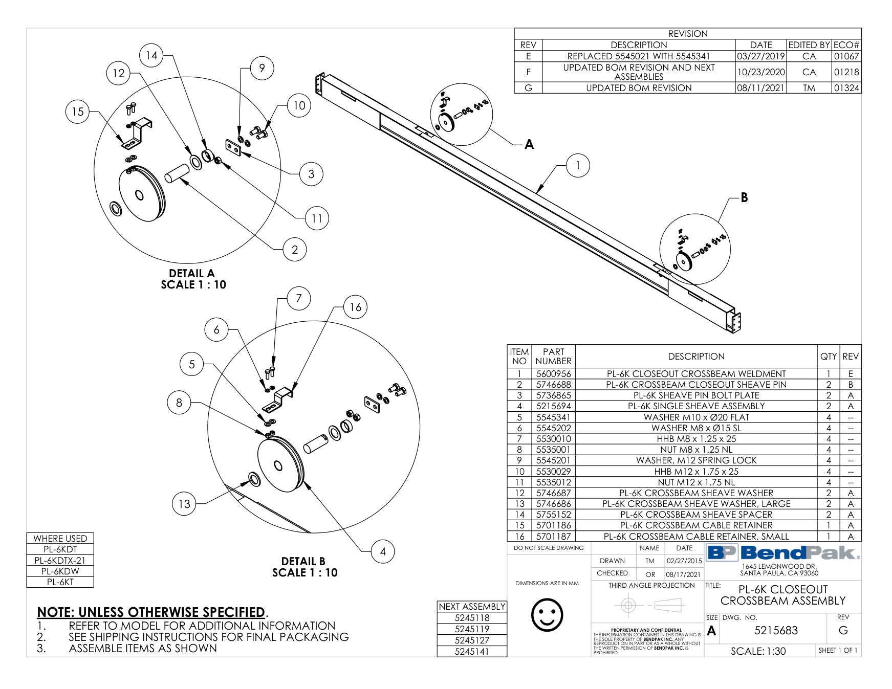 BendPak PL-6KT parts diagram — PL-6K Series Crossbeam Closeout Sheave Pin is item 2 (PL-6K CLOSEOUT CROSSBEAM ASSEMBLY)
