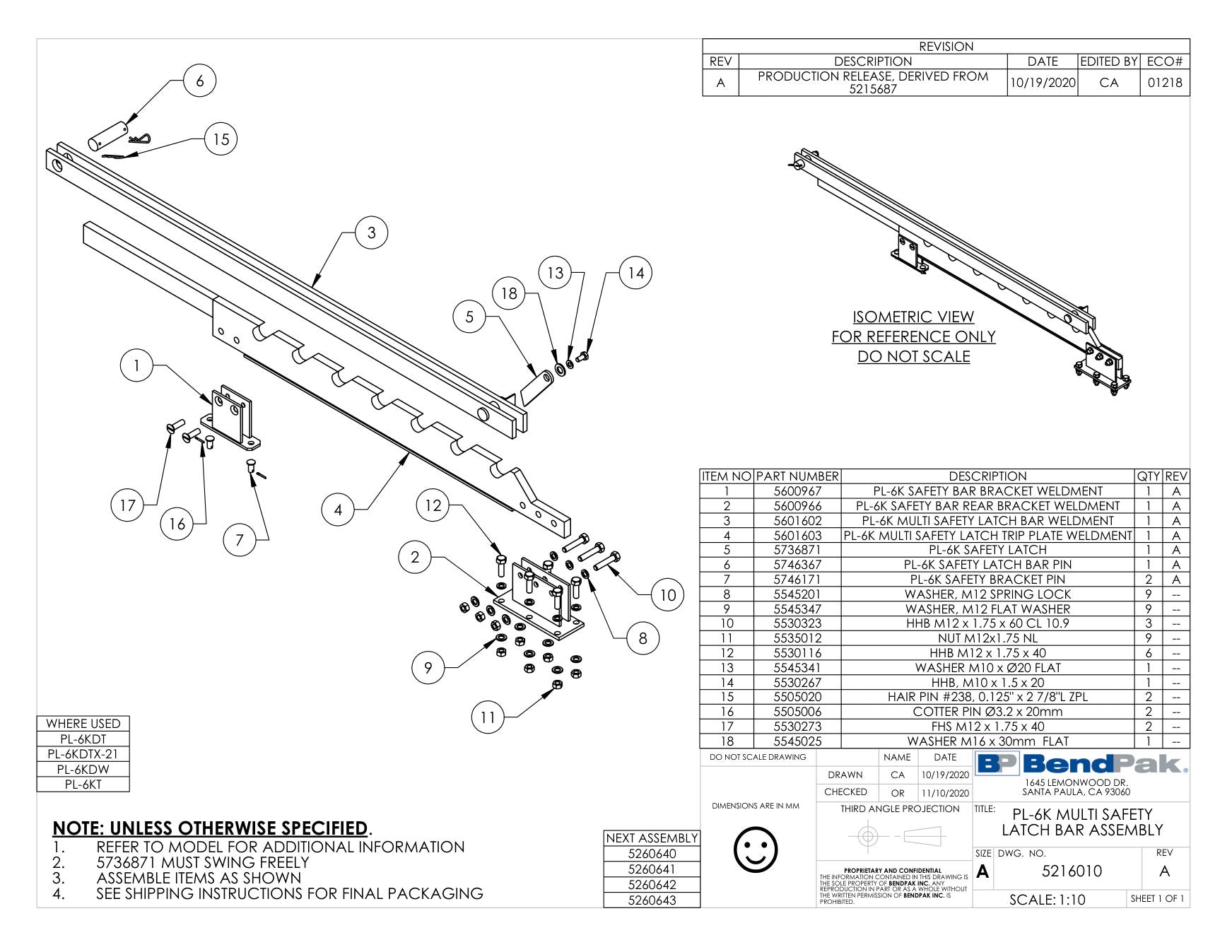 BendPak PL-6KT parts diagram — PL-6K Series Safety Latch Bar Pin is item 6 (PL-6K MULTI SAFETY LATCH BAR ASSEMBLY)