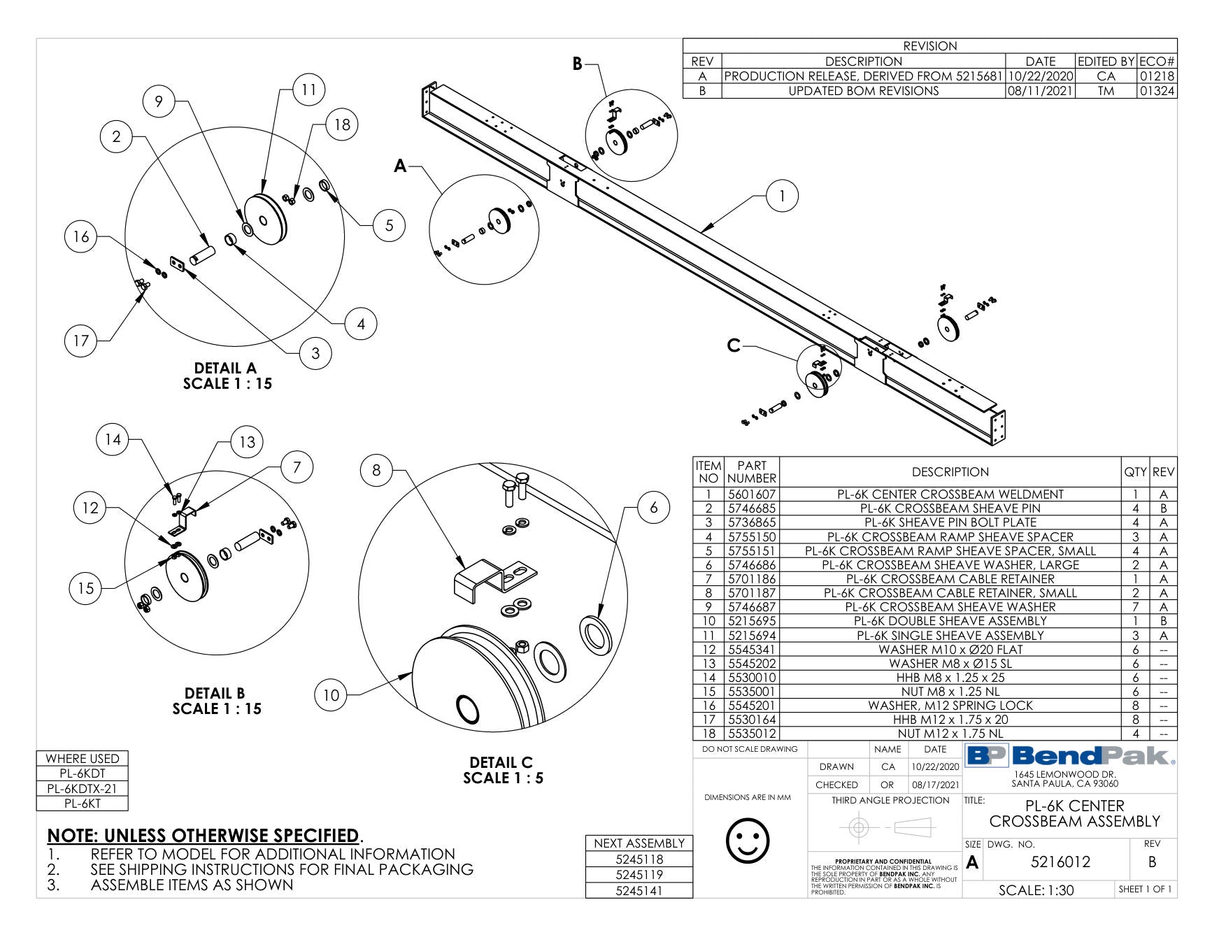 BendPak PL-6KT parts diagram — PL-6K Series Crossbeam Ramp Sheave Spacer, Small is item 5 (PL-6K CENTER CROSSBEAM ASSEMBLY)