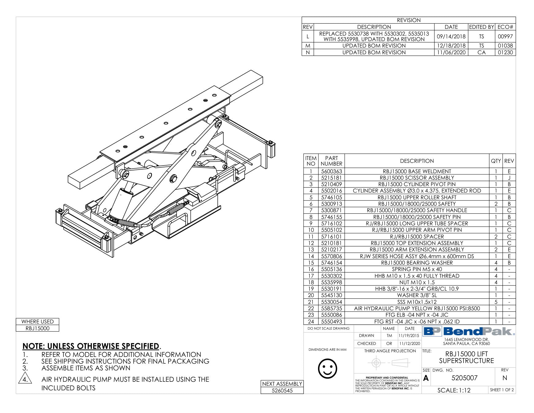 BendPak RBJ15000 parts diagram — RBJ15000 Upper Arm Pivot Pin is item 10 (RBJ15000 LIFT SUPERSTRUCTURE)