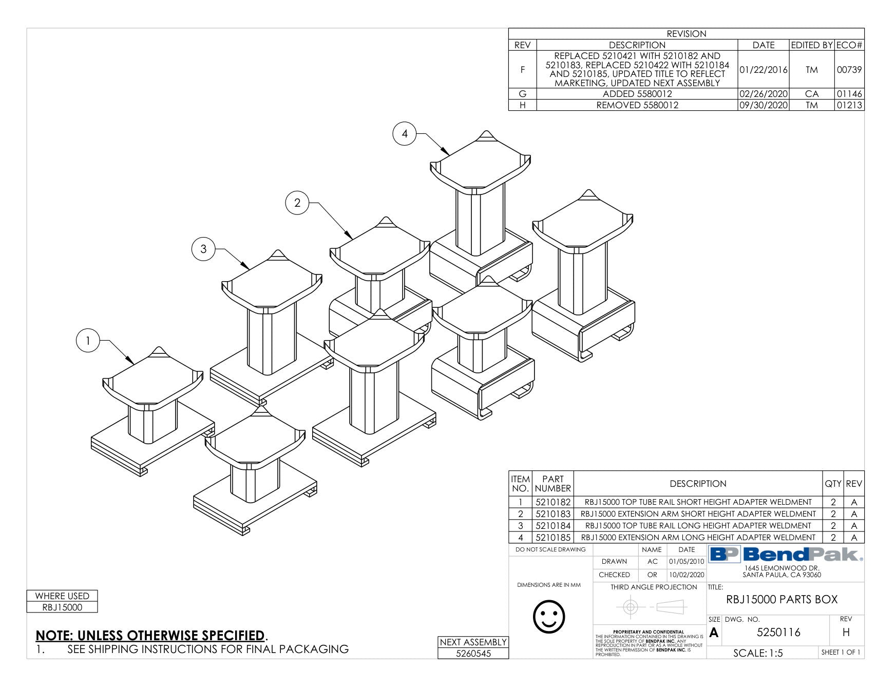 BendPak RBJ15000 parts diagram — RBJ15000 Top Tube Rail Short Height Adapter Wel is item 1 (RBJ15000 PARTS BOX)