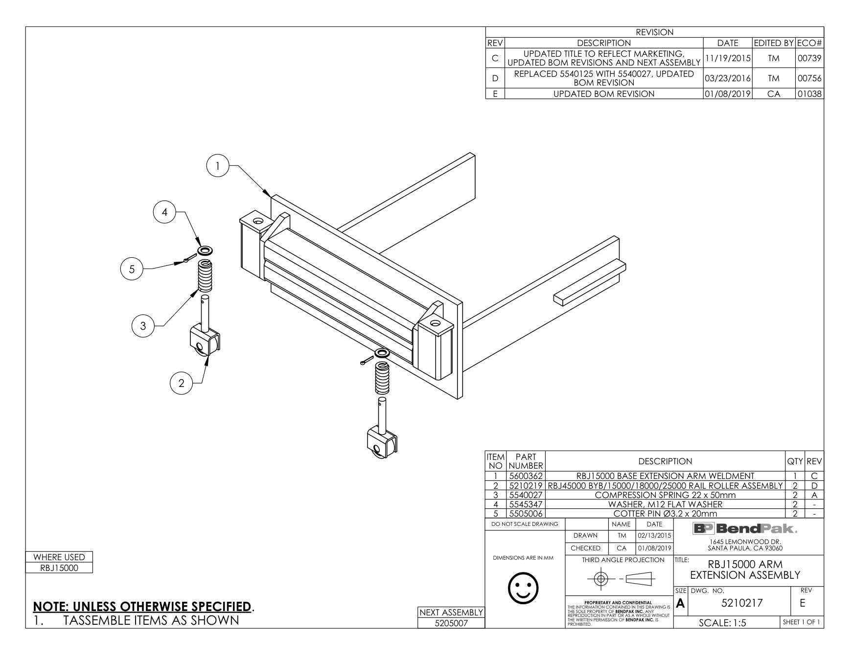 BendPak RBJ15000 parts diagram — Cotter Pin Ø3.2 X 20MM is item 5 (RBJ15000 ARM EXTENSION ASSEMBLY)