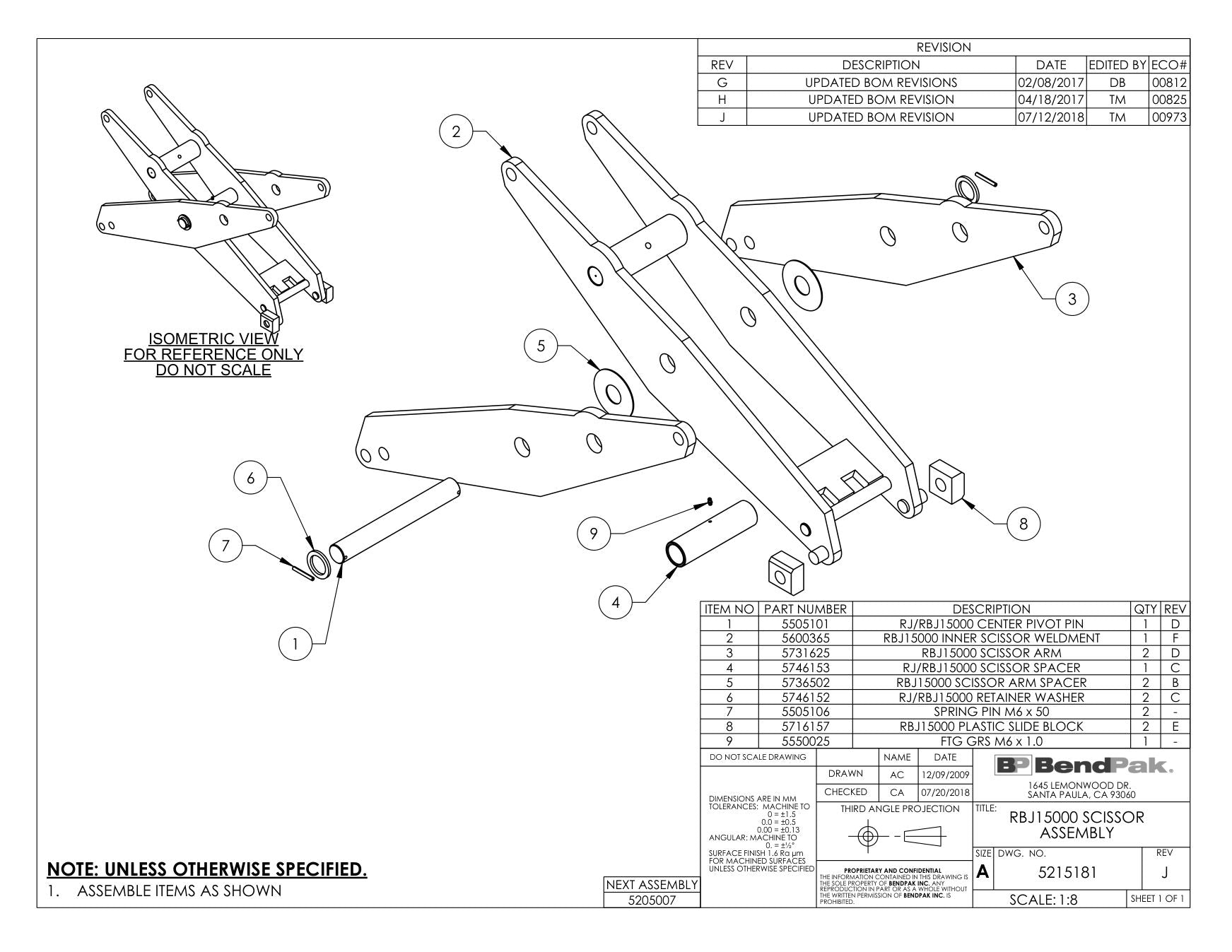 BendPak RBJ15000 parts diagram — RBJ15000 Center Pivot Pin is item 1 (RBJ15000 SCISSOR ASSEMBLY)
