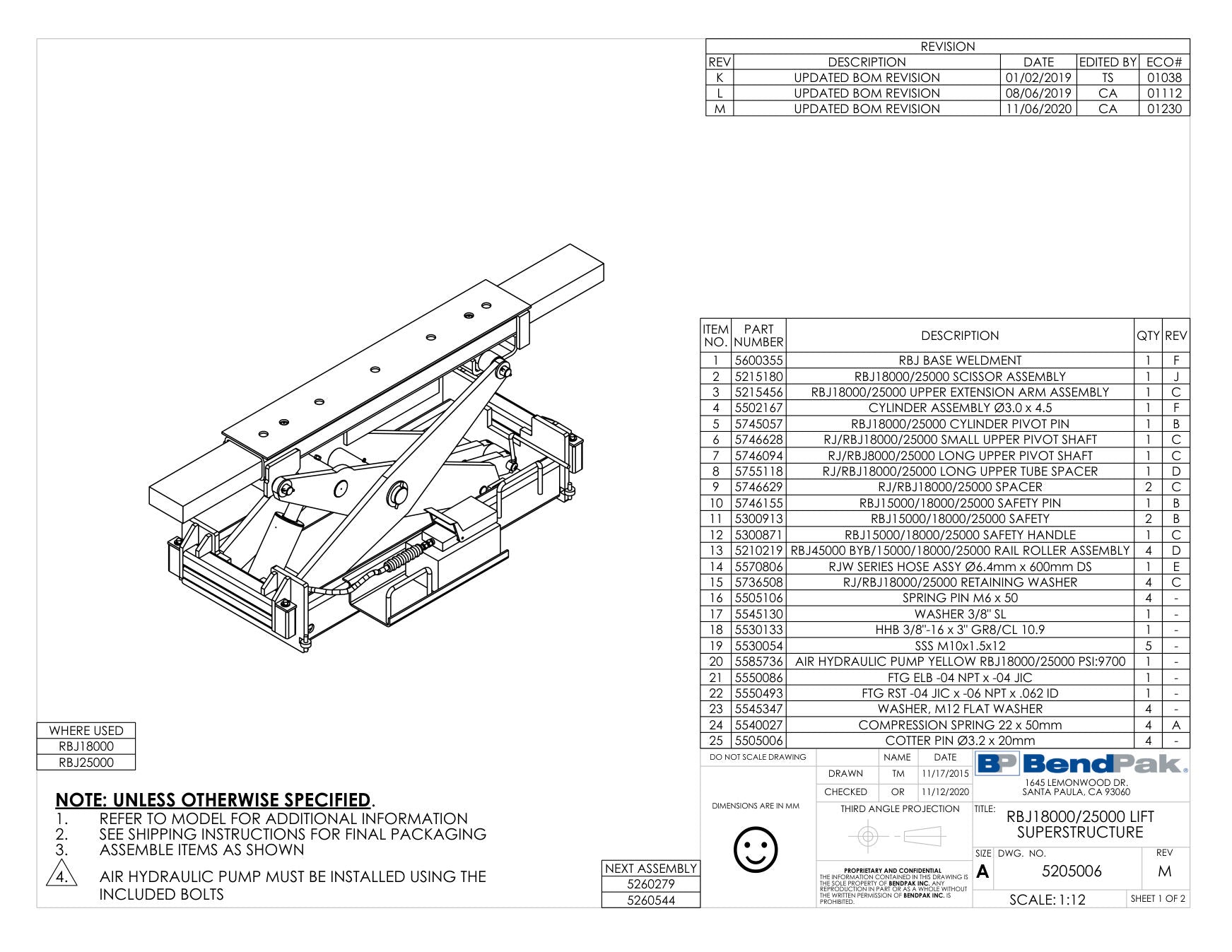 BendPak RBJ18000 parts diagram — RBJ8000/25000 Long Upper Pivot Shaft is item 7 (RBJ18000/25000 LIFT SUPERSTRUCTURE)