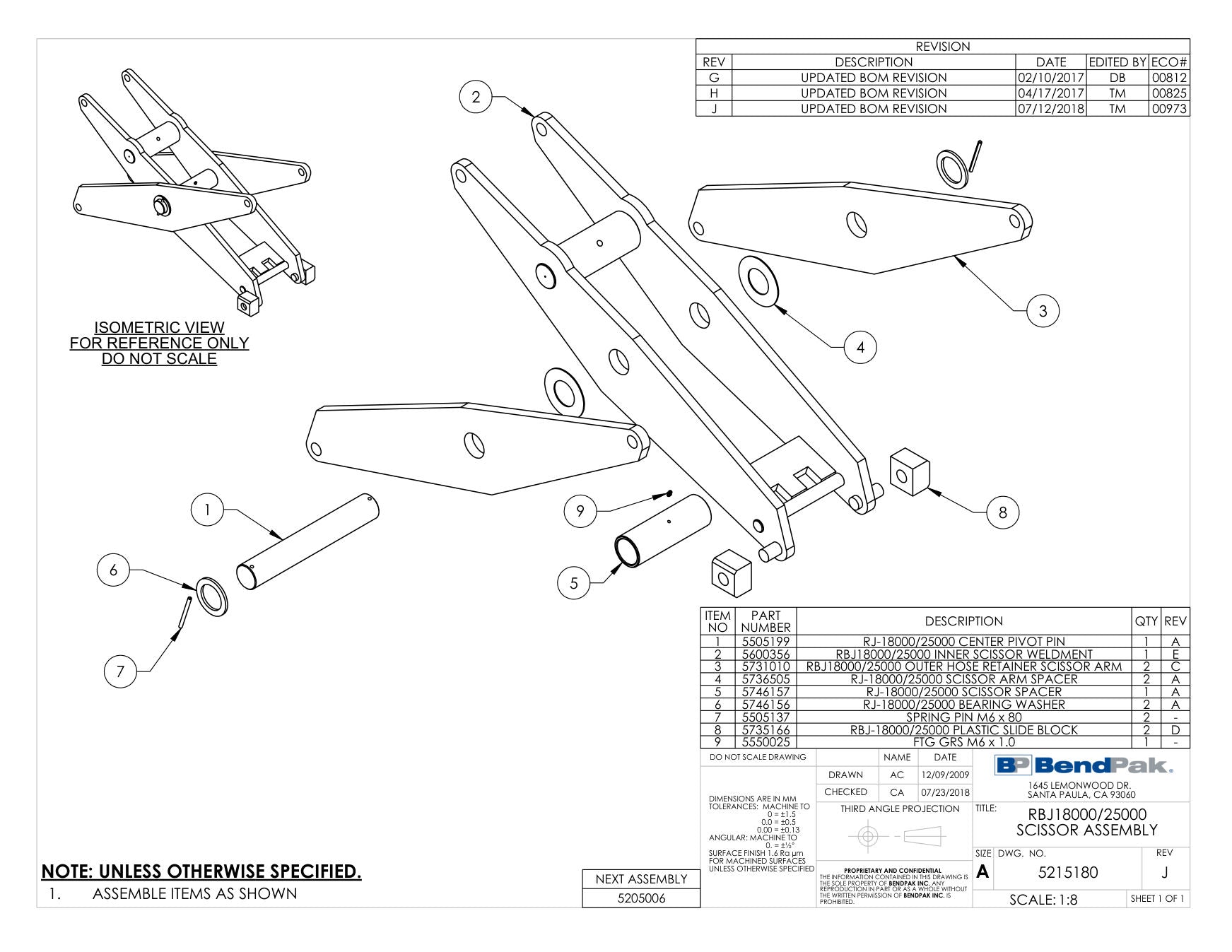 BendPak RBJ18000 parts diagram — RBJ18000/25000 Outer Hose Retainer Scissor Arm is item 3 (RBJ18000/25000 SCISSOR ASSEMBLY)