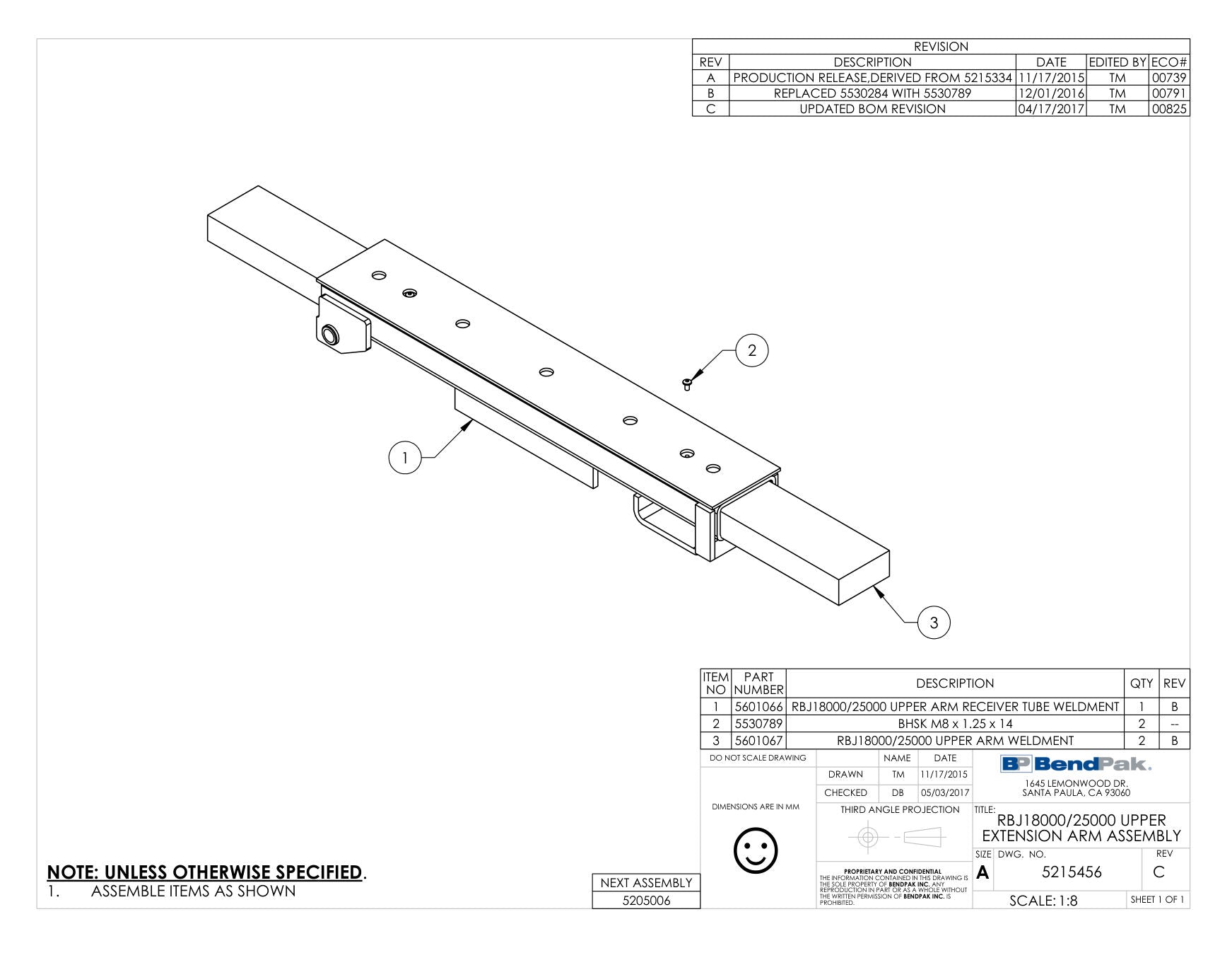 BendPak RBJ18000 parts diagram — RBJ18000/25000 Upper Arm Weldment is item 3 (RBJ18000/25000 UPPER EXTENSION ARM ASSEMBLY)