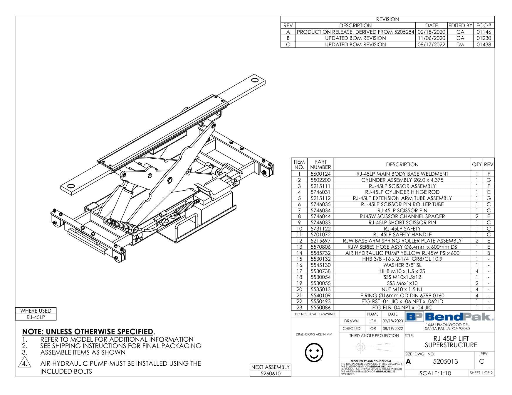 BendPak RJ45LP parts diagram — Safety Handle; RJ-45/LP / RJ-6 / RJ-7 is item 11 (RJ-45LP LIFT SUPERSTRUCTURE)
