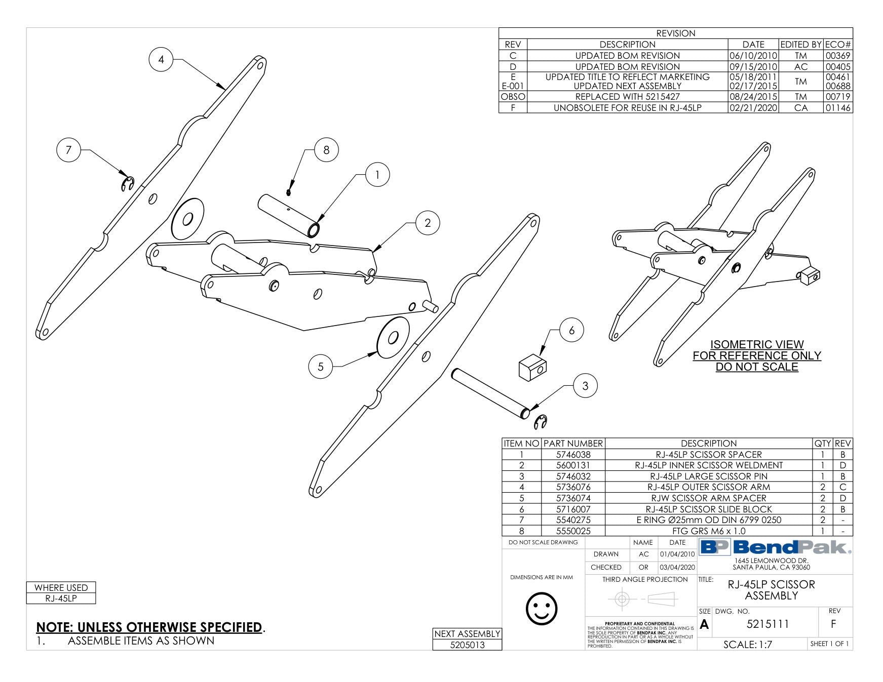 BendPak RJ45LP parts diagram — Outer Scissor Arm; RJ-45/LP is item 4 (RJ-45LP SCISSOR ASSEMBLY)