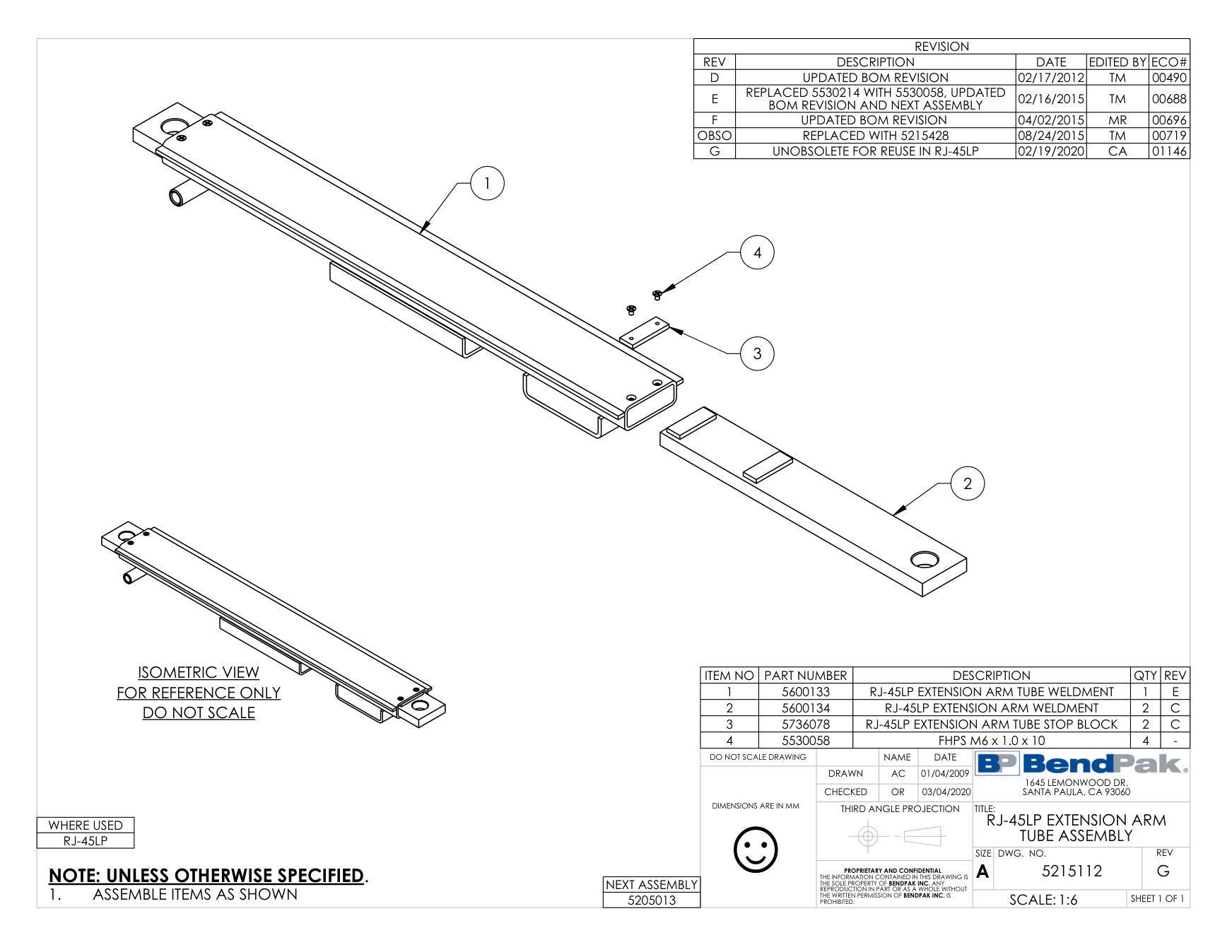 BendPak RJ45LP parts diagram — RJ-45LP Extension Arm Weldment is item 2 (RJ-45LP EXTENSION ARM TUBE ASSEMBLY)
