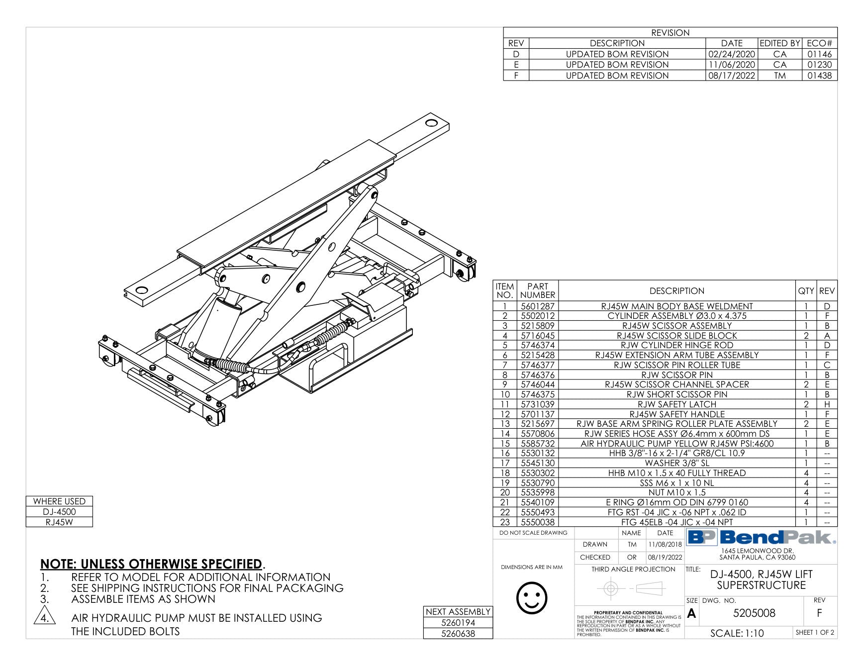 BendPak RJ45W parts diagram — Cylinder Assembly Ø3.0 X 4.375 is item 2 (DJ-4500, RJ45W LIFT SUPERSTRUCTURE)