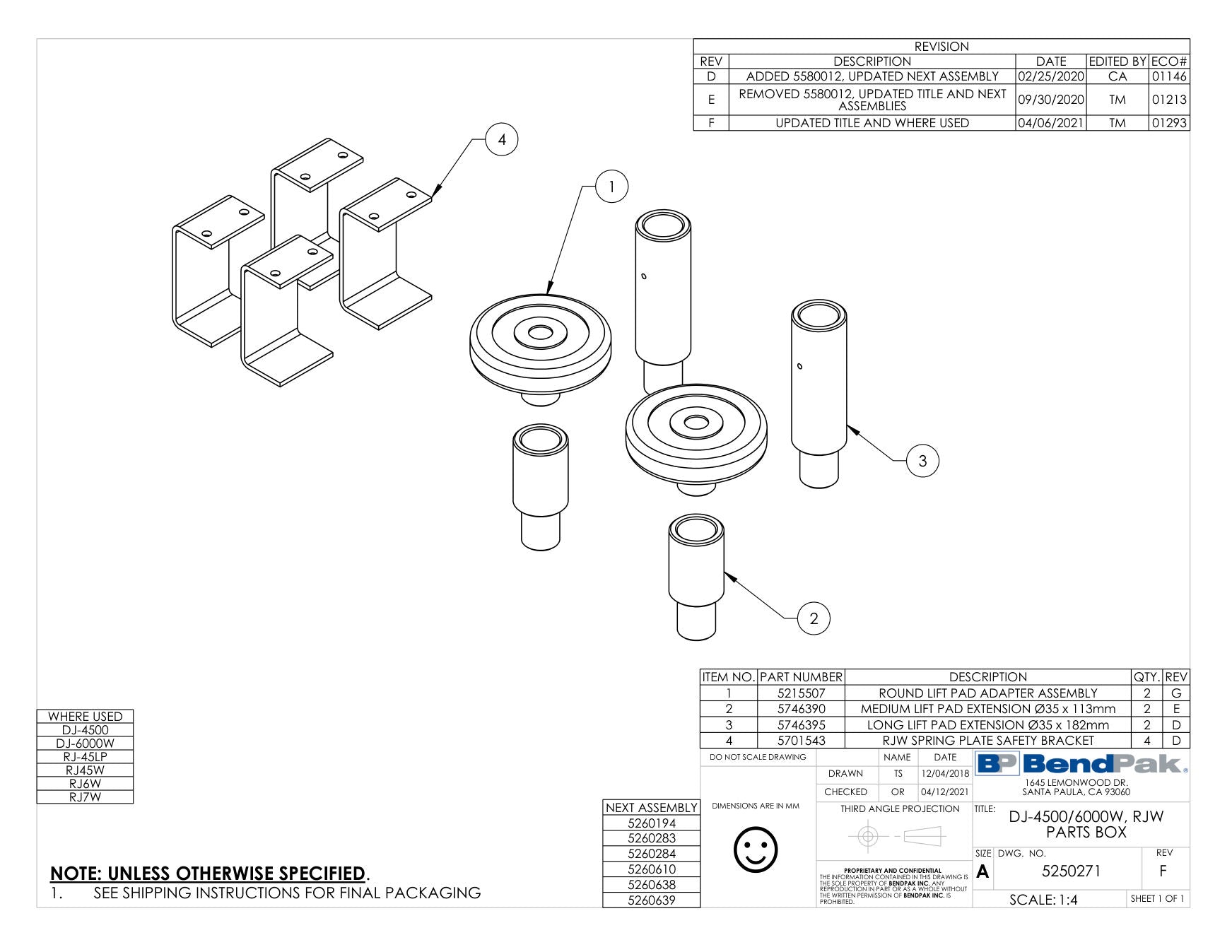 BendPak RJ45W parts diagram — RJ45W / RJ6W / RJ7W Spring Plate Safety Bracket is item 4 (DJ-4500/6000W, RJW PARTS BOX)