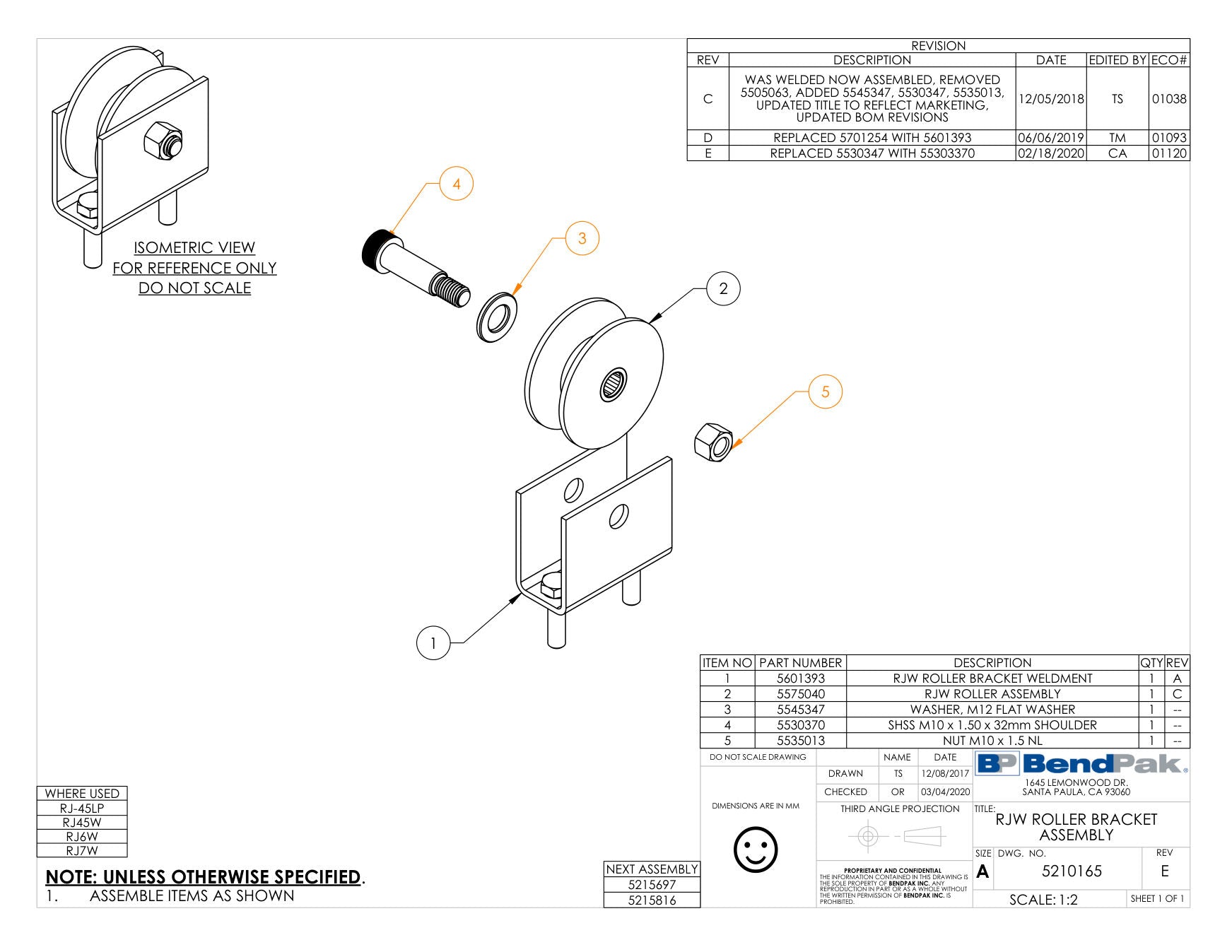 BendPak RJ45W parts diagram — RJ45W / RJ6W / RJ7W Roller Assembly is item 2 (RJW ROLLER BRACKET ASSEMBLY)