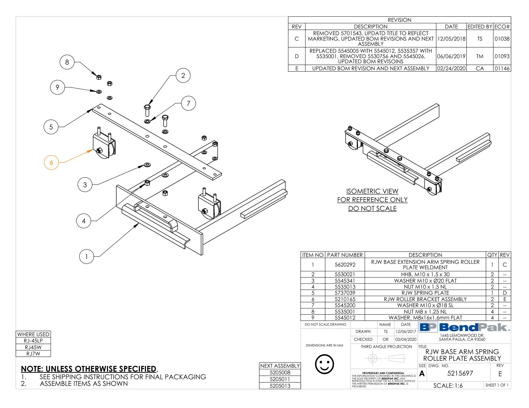 BendPak RJ45W parts diagram — RJ45W / RJ6W / RJ7W Spring Plate is item 5 (RJW BASE ARM SPRING ROLLER PLATE ASSEMBLY)