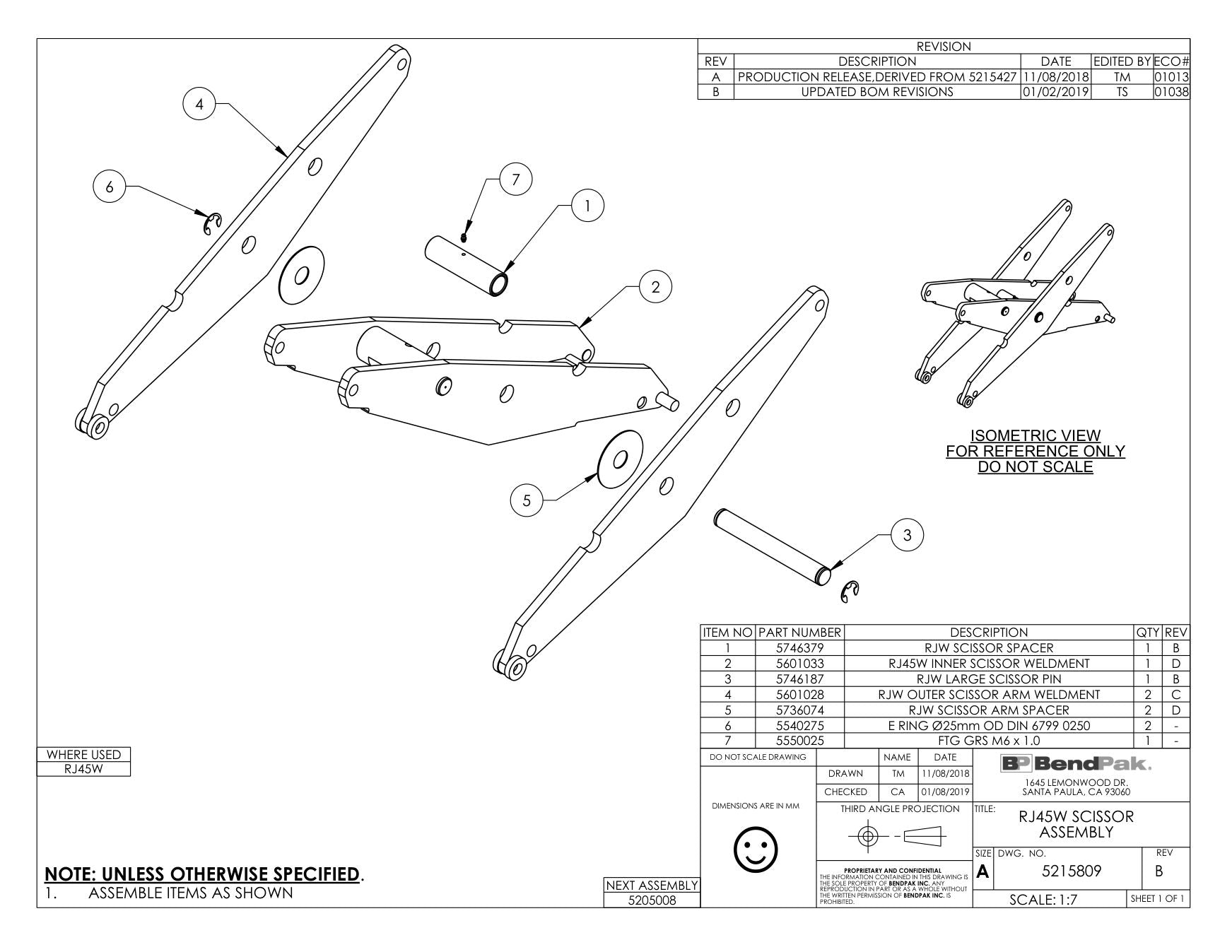 BendPak RJ45W parts diagram — RJ45W / RJ6W/ RJ7W / RJ9W / RBJ7000A / RBJ4500 Byb  Scissor Spacer is item 1 (RJ45W SCISSOR ASSEMBLY)