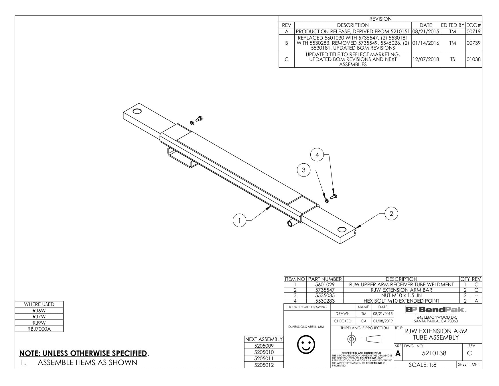 BendPak RJ6W parts diagram — RJ6W / RJ7W / RJ9W / RBJ7000A Upper Arm Receiver Tube Weldment is item 1 (RJW EXTENSION ARM TUBE ASSEMBLY)