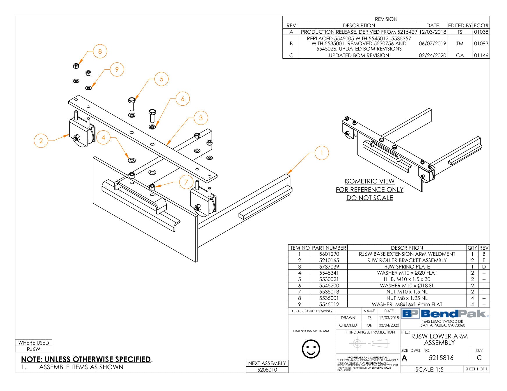 BendPak RJ6W parts diagram (RJ6W LOWER ARM ASSEMBLY)