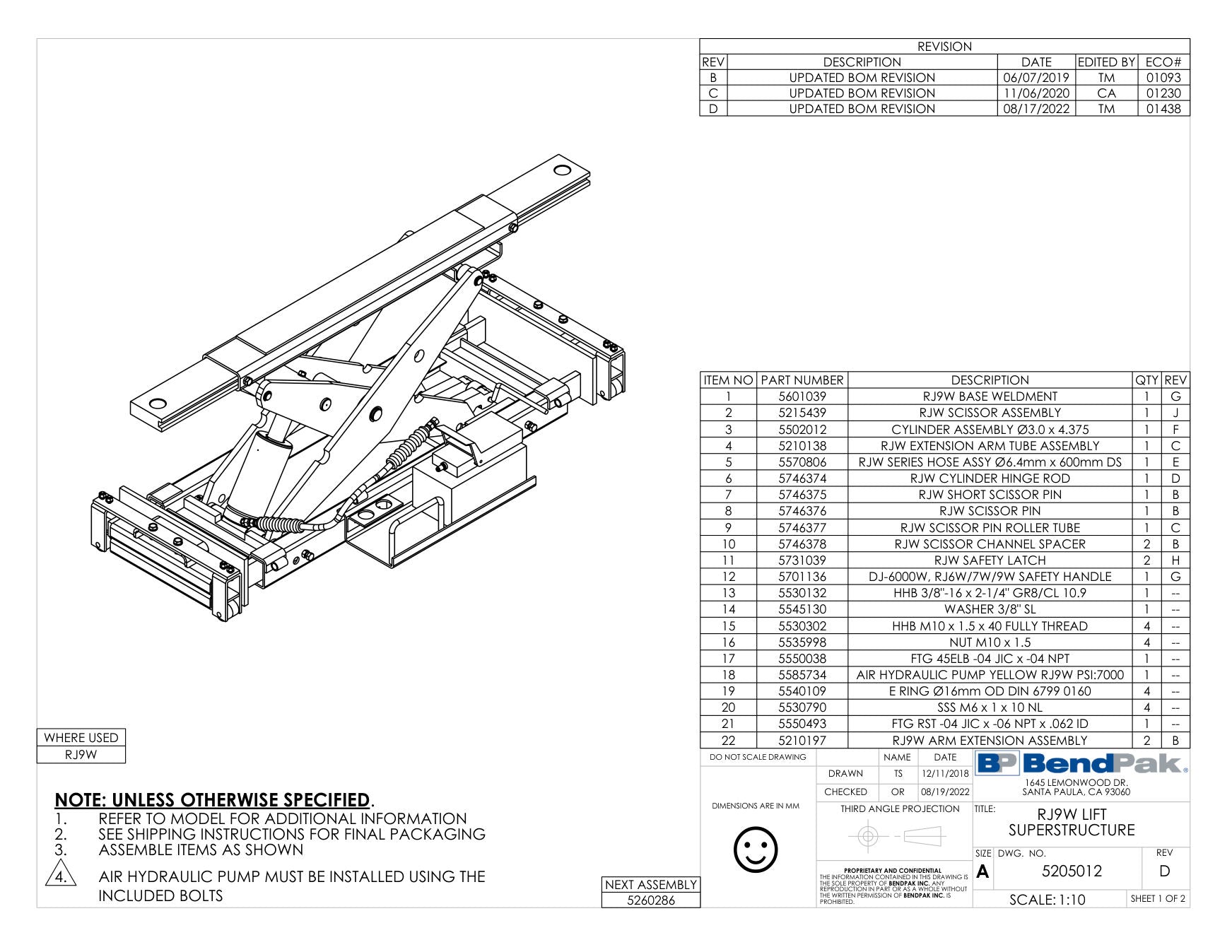 BendPak RJ9W parts diagram — Air Hydraulic Pump Yellow RJ9W PSI:7000 is item 18 (RJ9W LIFT SUPERSTRUCTURE)