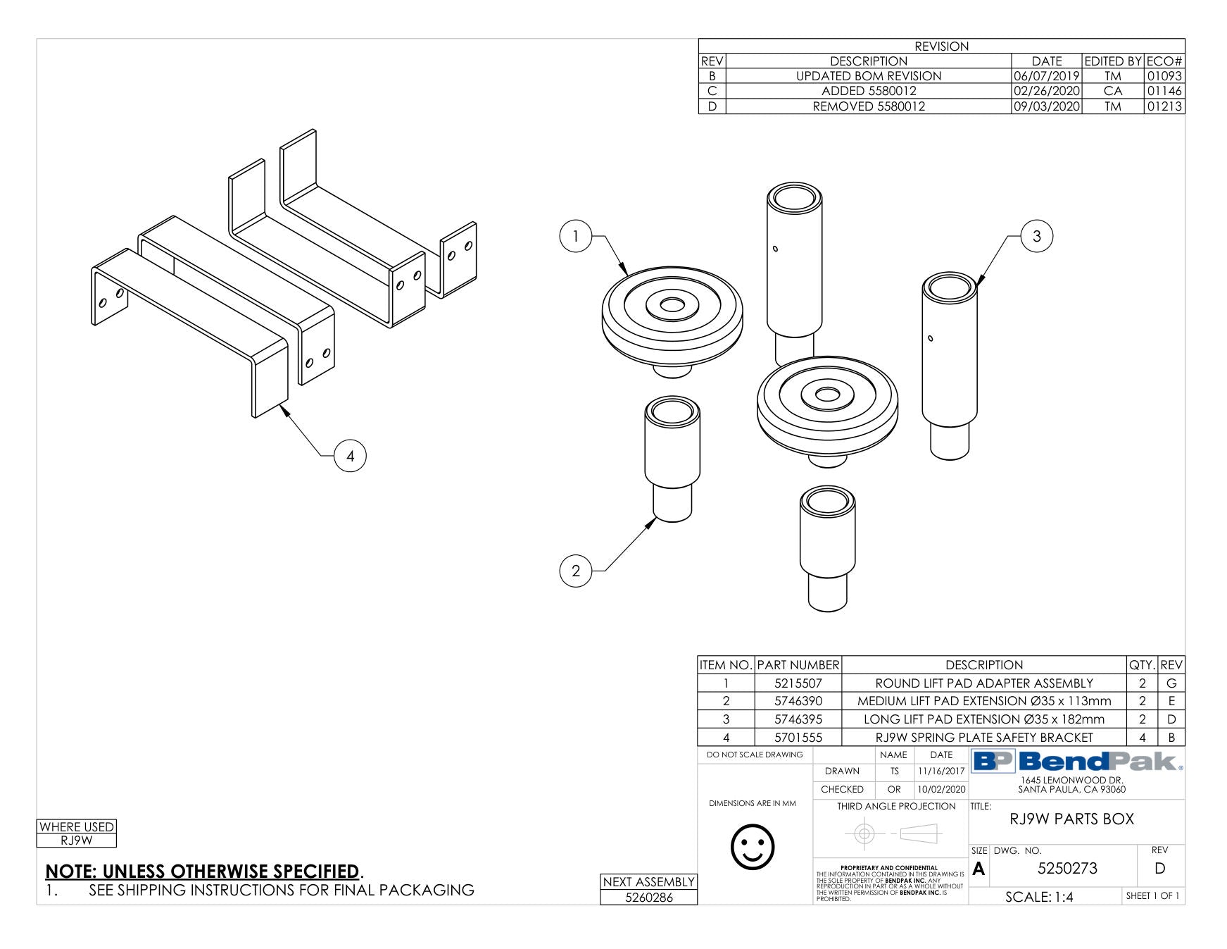 BendPak RJ9W parts diagram — Spring Plate Safety Bracket; RJ9W is item 4 (RJ9W PARTS BOX)
