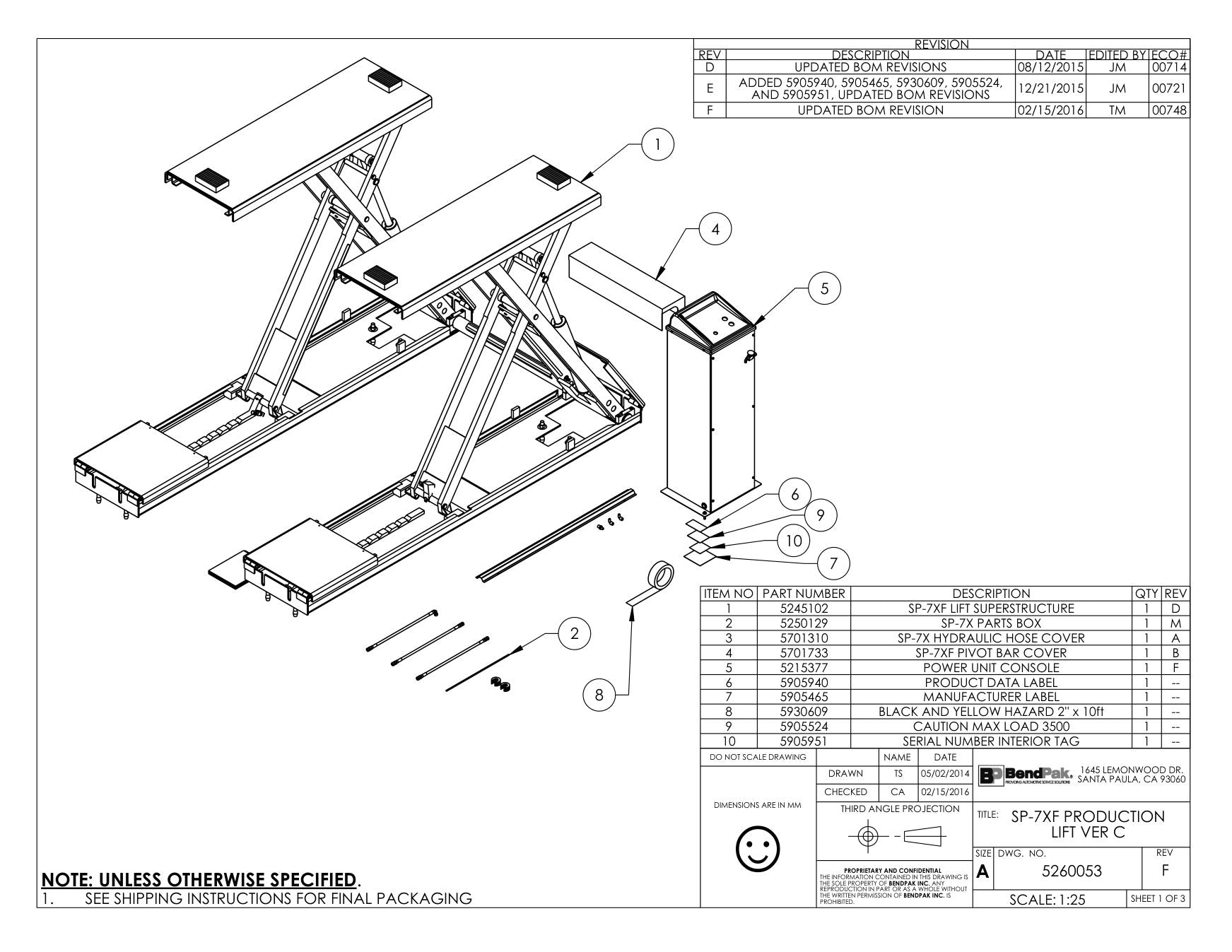 BendPak SP-7XF parts diagram — SP-7XF Pivot Bar Cover is item 4 (SP-7XF PRODUCTION LIFT VER C)