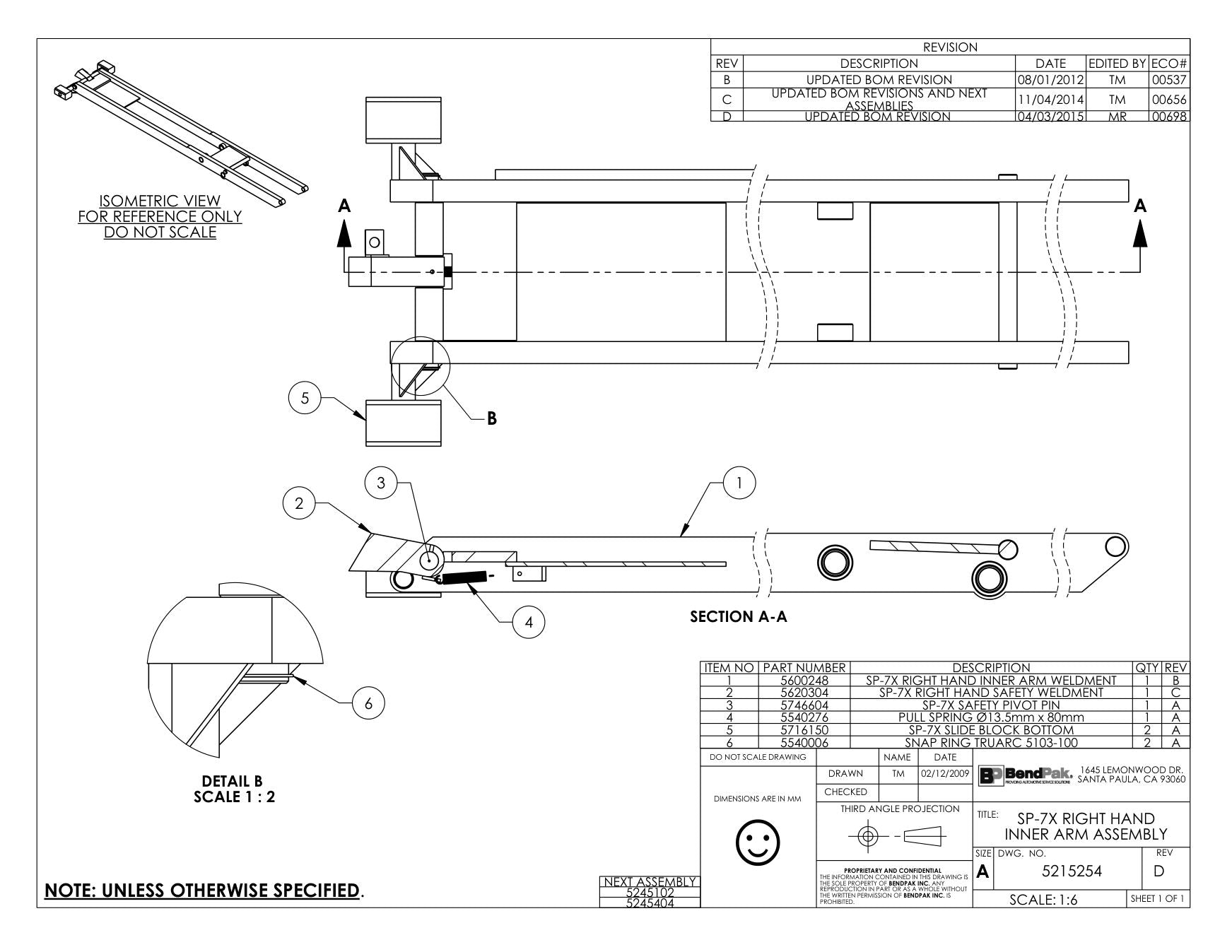 BendPak SP-7XF parts diagram — SP-7XE Slide Block, Bottom is item 5 (SP-7X RIGHT HAND INNER ARM ASSEMBLY)