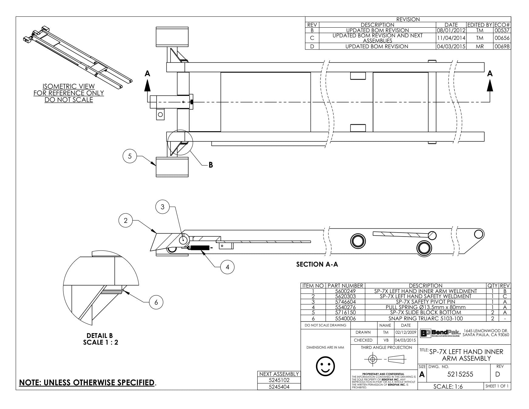 BendPak SP-7XF parts diagram — Left Hand Safety Weldment; SP-7X is item 2 (SP-7X LEFT HAND INNER ARM ASSEMBLY)