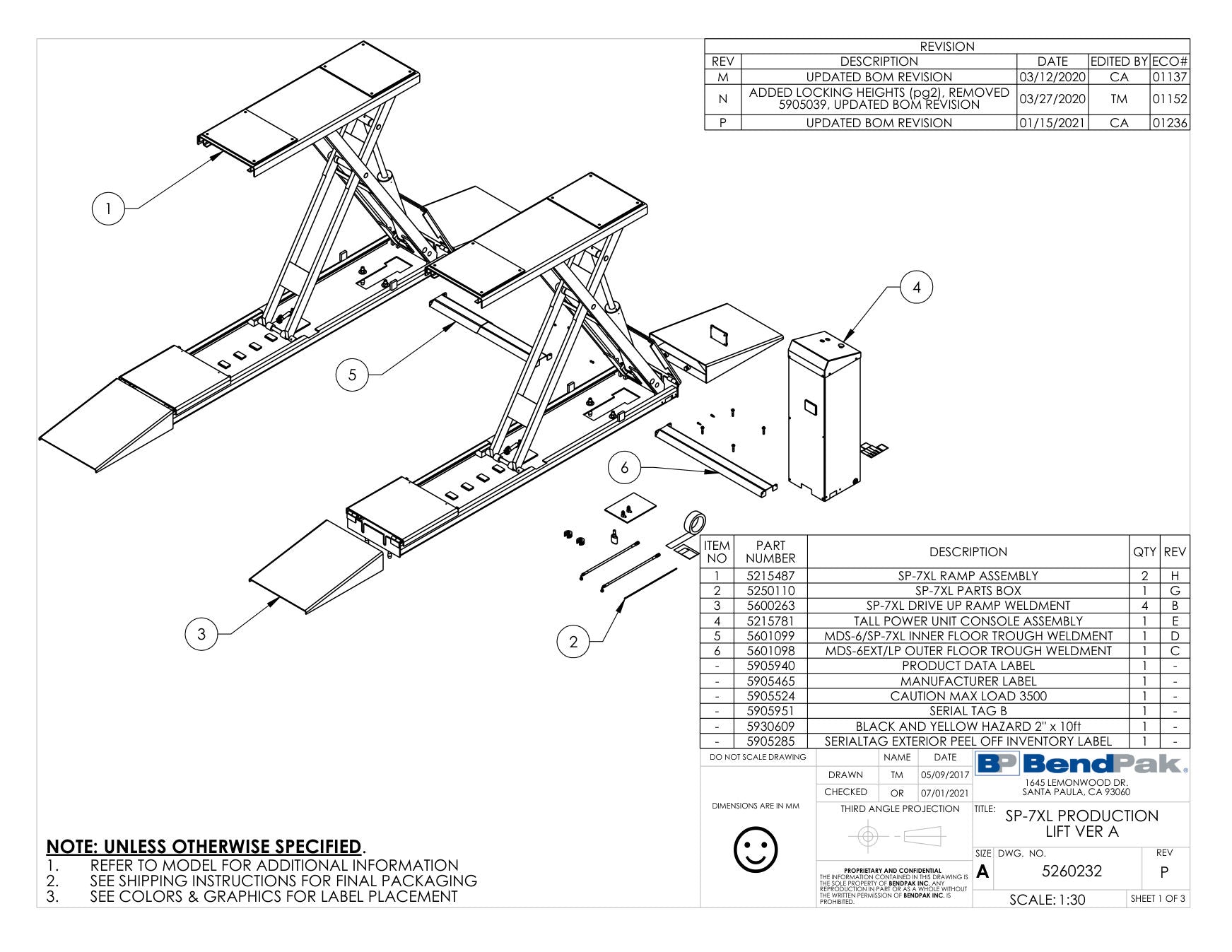 BendPak SP-7XL parts diagram — MDS-6EXT/LP Outer Floor Trough Weldment is item 6 (SP-7XL PRODUCTION LIFT VER A)